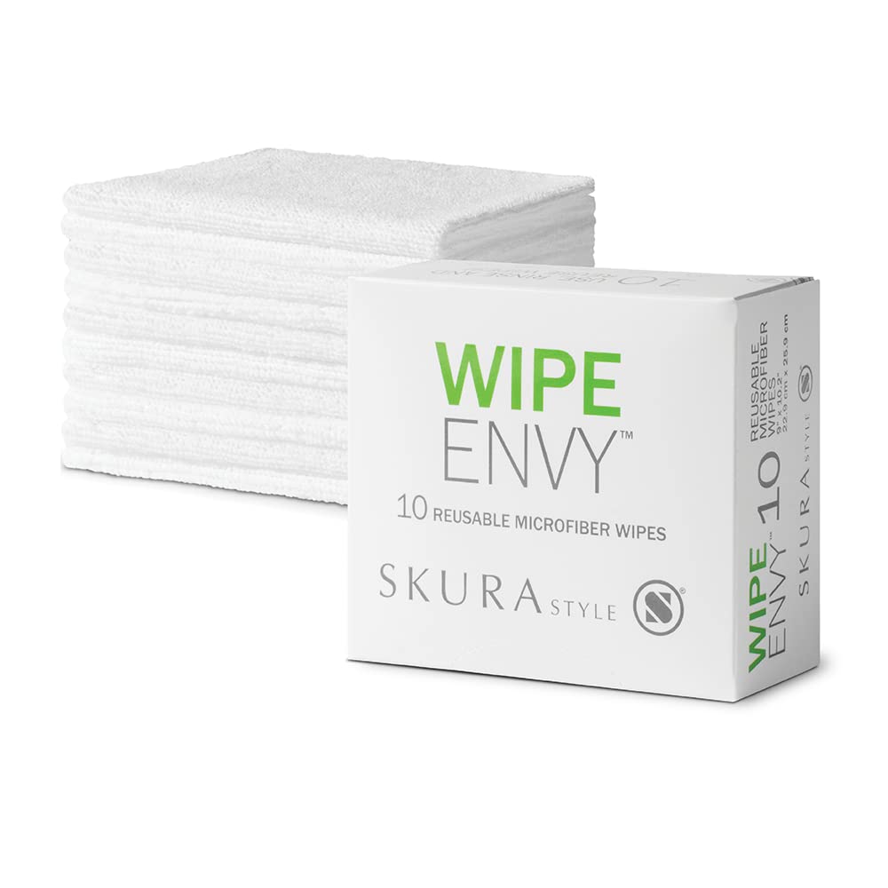Skura Style WIPE ENVY™ Reusable Microfiber Cleaning Cloths - Lint-Free, All-Purpose Cleaning Wipes (10-Pack, White) for Kitchen, Bathroom, Car & Household Cleaning
