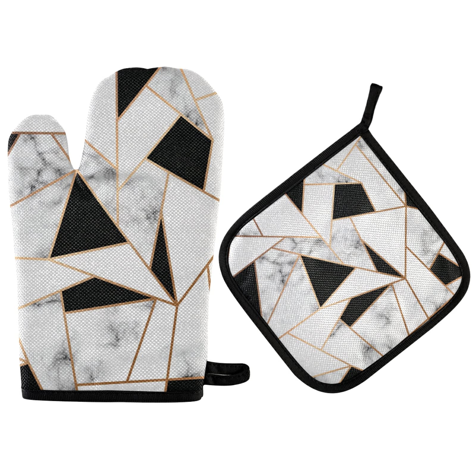 Premium Marble Texture Oven Mitts & Pot Holders Set - Non-Slip Heat Resistant Gloves for Cooking, Baking, Grilling & BBQ - Black White Gold Kitchen Accessories for Safe & Stylish Food Preparation