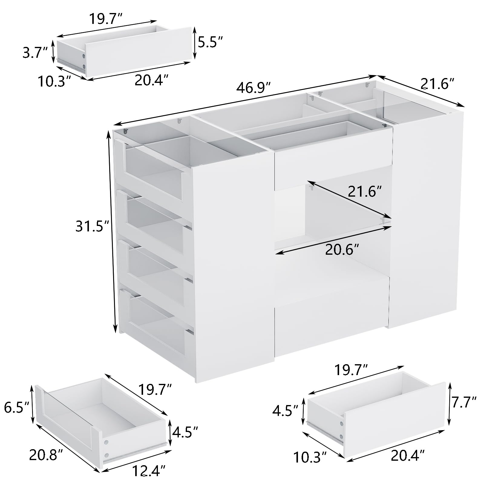 White Wardrobe Armoire with 12 Drawers & Glass Display Shelf - Bedroom Closet Island Dresser with Glass Top for Walk-in Closets & Cloakrooms - Perfect for Organizing Clothes, Shoes & Accessories in Master Bedrooms & Dressing Rooms