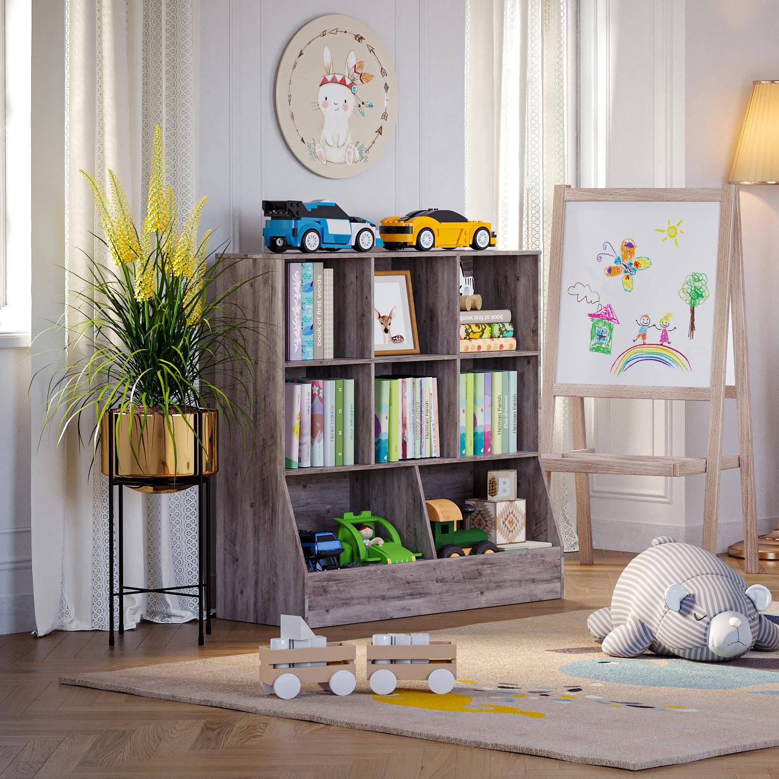 DINZI LVJ Kids Wooden Toy Storage Organizer & Bookshelf - 8-Cubby Bookcase for Playroom, Bedroom, Nursery - 39.4
