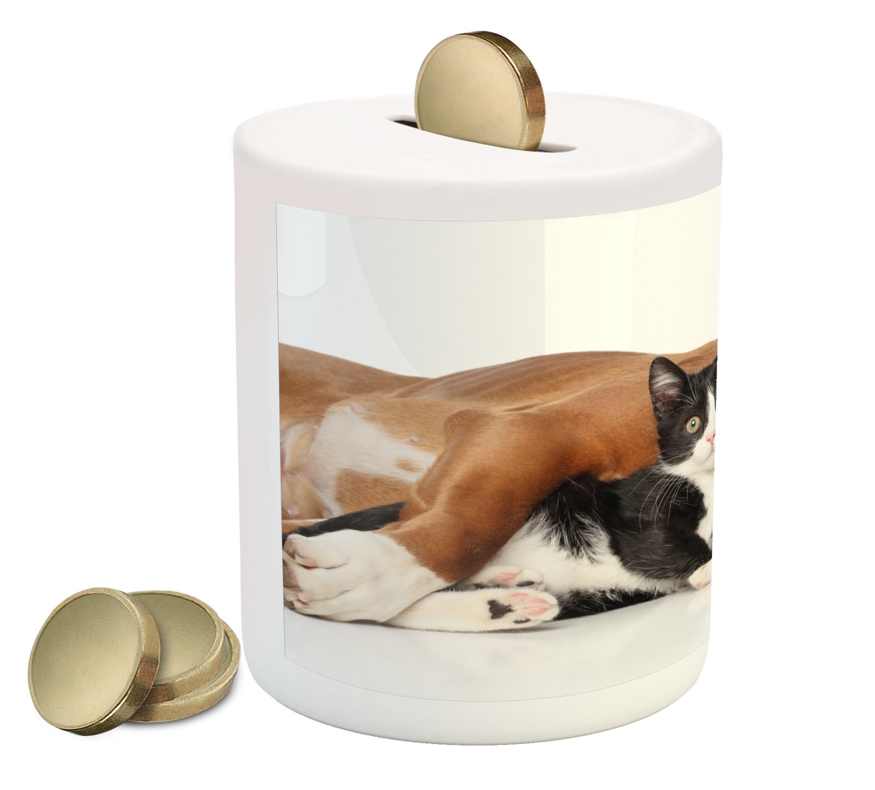 Ambesonne Ceramic Piggy Bank - Funny Cat & Dog Cuddling Friendship Design, Printed Money Box for Cash Savings (Brown/Black/White) | Perfect Gift for Kids, Animal Lovers & Coin Collectors | Home Decor, Office Desk Accessory & Savings Motivator