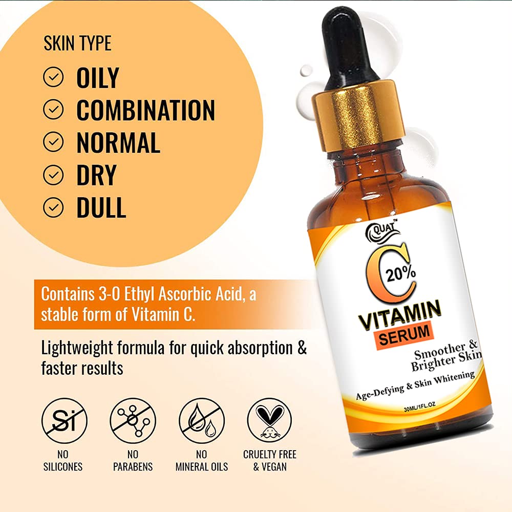 Quat 20% Vitamin C Face Serum for Glowing Skin - Brightening & Anti-Aging Facial Treatment with Hyaluronic Acid | Day & Night Use for Women