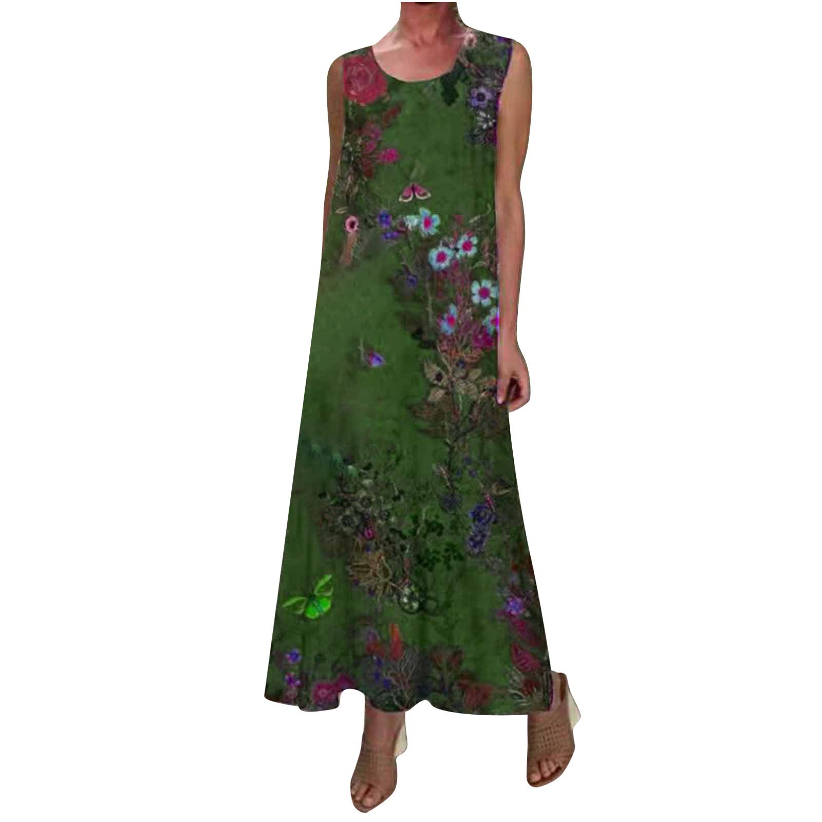 Women's Floral Print Summer Maxi Dress - Sleeveless Round Neck Loose Shift Beach Dress for Casual Wear, Vacations & Outdoor Events
