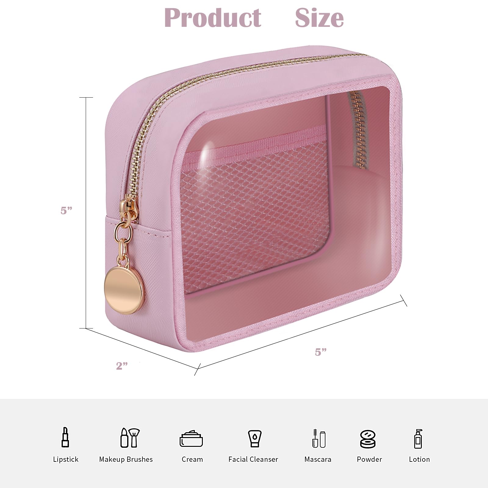 Clear Cosmetic Bag Makeup Pouch - Cute Women's Travel Toiletry Organizer with Zipper - Small, Mini, Large Sizes for Makeup, Skincare & Essentials - Perfect for Gym, Travel & Daily Use - Pink
