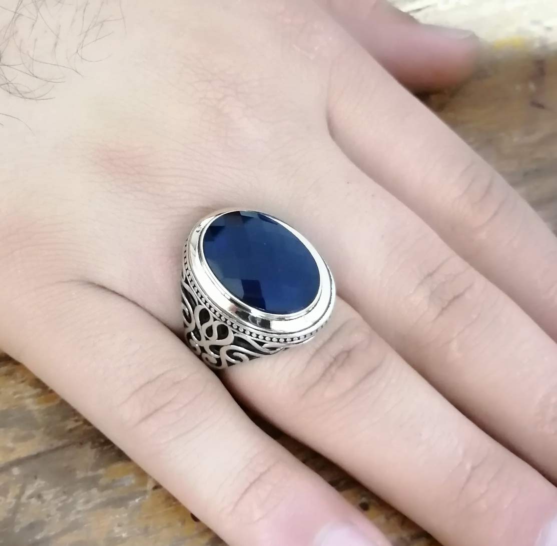 925K Sterling Silver Men's Ring with CZ Dark Sapphire - Handmade Jewelry for Gifts, Wedding, Anniversary & Everyday Wear (RP1066)
