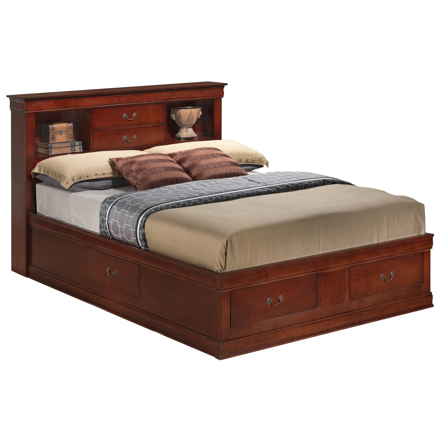Louis Philippe Cherry King Storage Platform Bed - Modern Indoor Bedroom Furniture with Elegant Design for Home Decor | Perfect for Master Bedrooms, Guest Rooms & Small Spaces