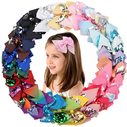 25PCS Sequin Hair Bows Clips - 4.5 Inch Grosgrain Ribbon Bows with Reversible Sequins - Alligator Hair Clips for Girls, Toddlers, Kids & Children - Perfect for Parties, School, Holidays & Everyday Hair Accessories