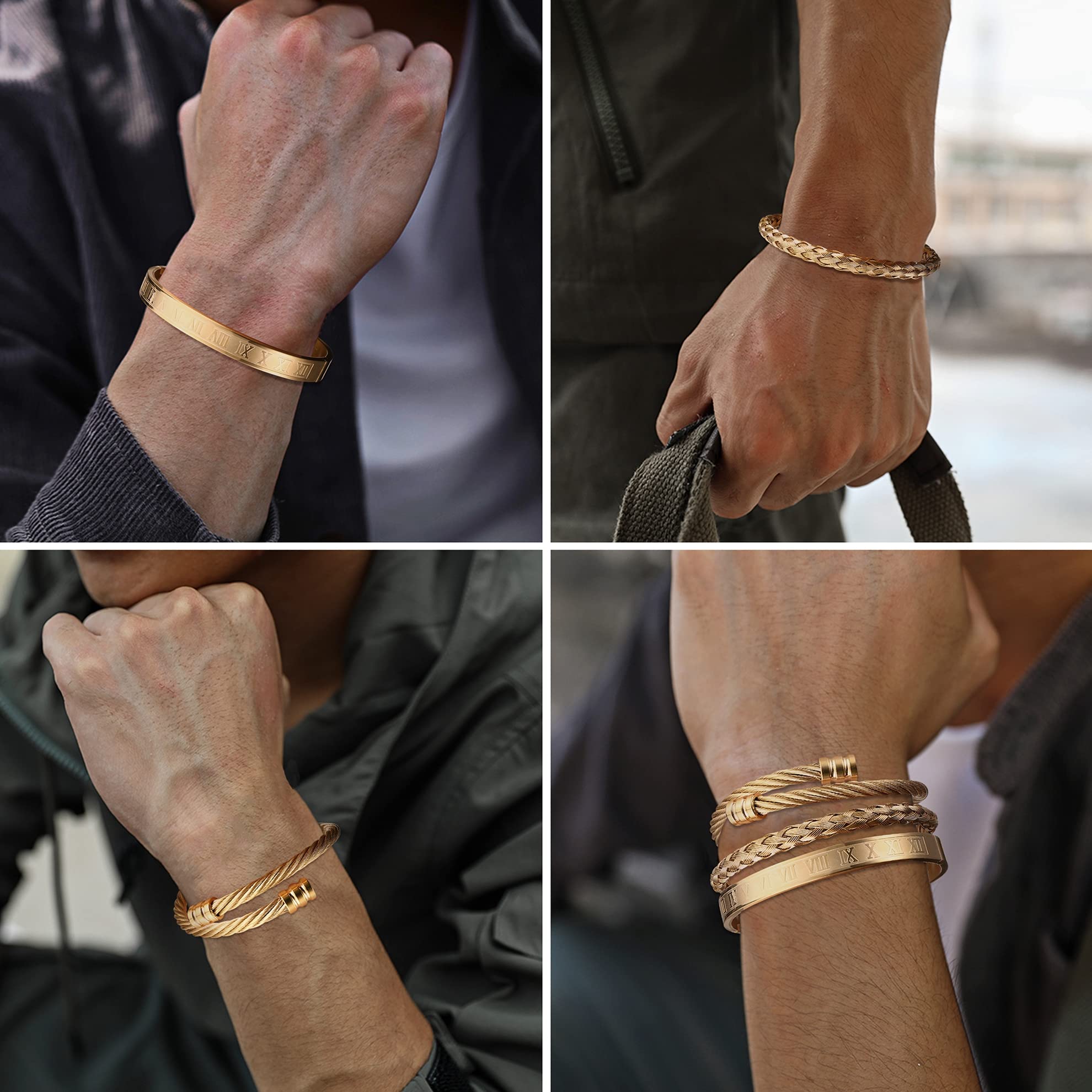 YADOCA 3Pcs Stainless Steel Bracelets for Men - Roman Numeral, Adjustable Cuff & Twisted Cable Bracelet Set in Gold/Silver/Black | Luxury Jewelry Gifts for Him | Perfect for Weddings, Anniversaries & Everyday Wear