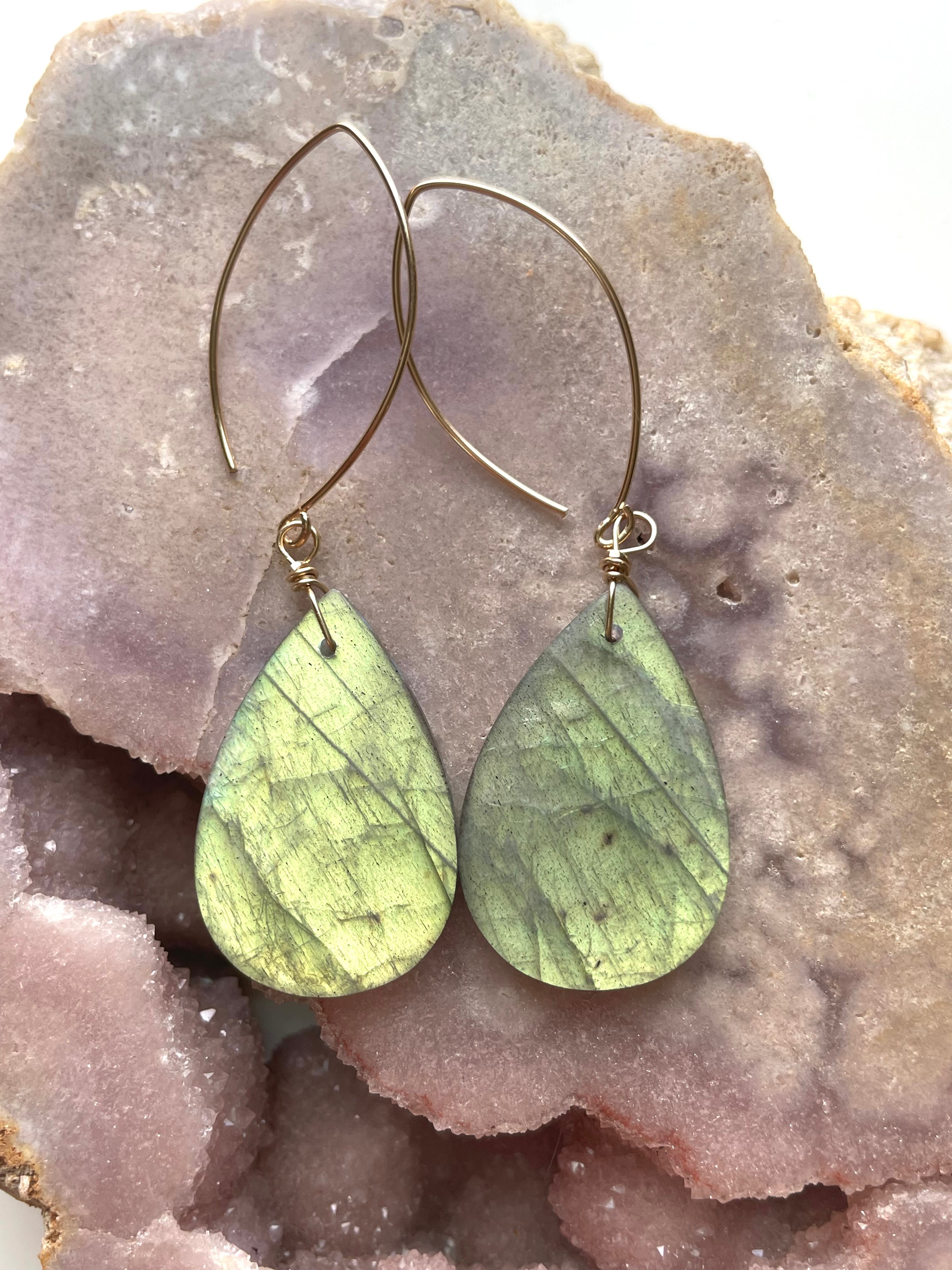 Labradorite Crystal Drop Earrings - 14K Gold Plated Dangle Earrings for Women | Elegant Boho Jewelry for Parties, Weddings & Everyday Wear