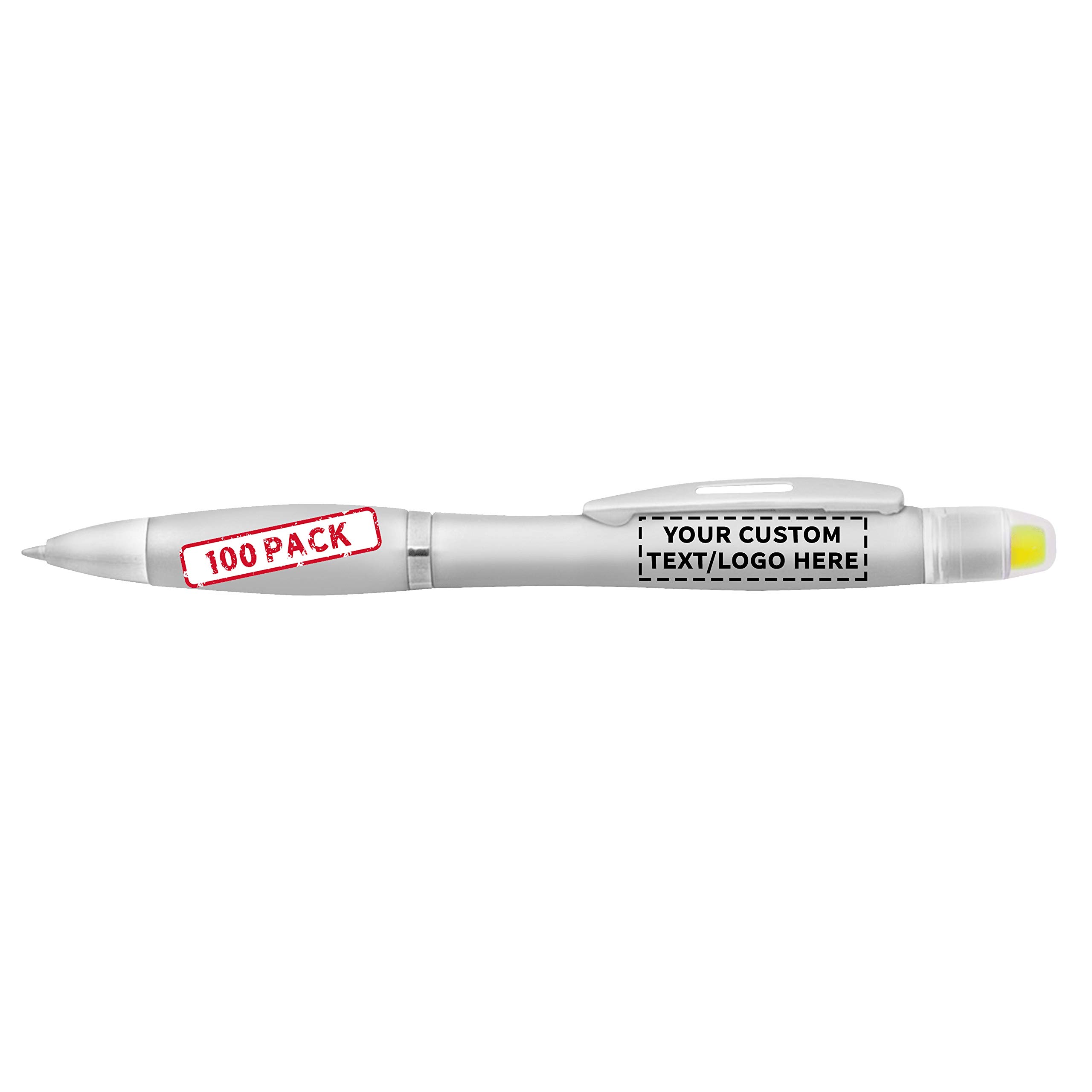 100 Pack Marathon Gel Highlighter Pens - Customizable Text & Logo - Twist Mechanism Ballpoint Pens - Silver - Perfect for Office, School, Study & Note Taking