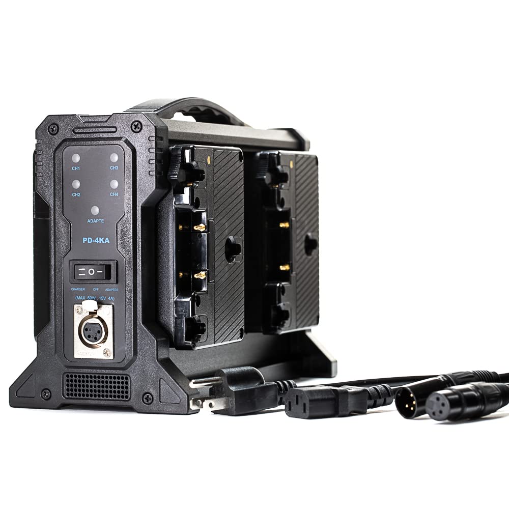 Professional Quad Gold-Mount Battery Charger with XLR Input - Fast Charging for Camera & Broadcast Equipment - Perfect for Film Sets, Studio Productions & Live Events