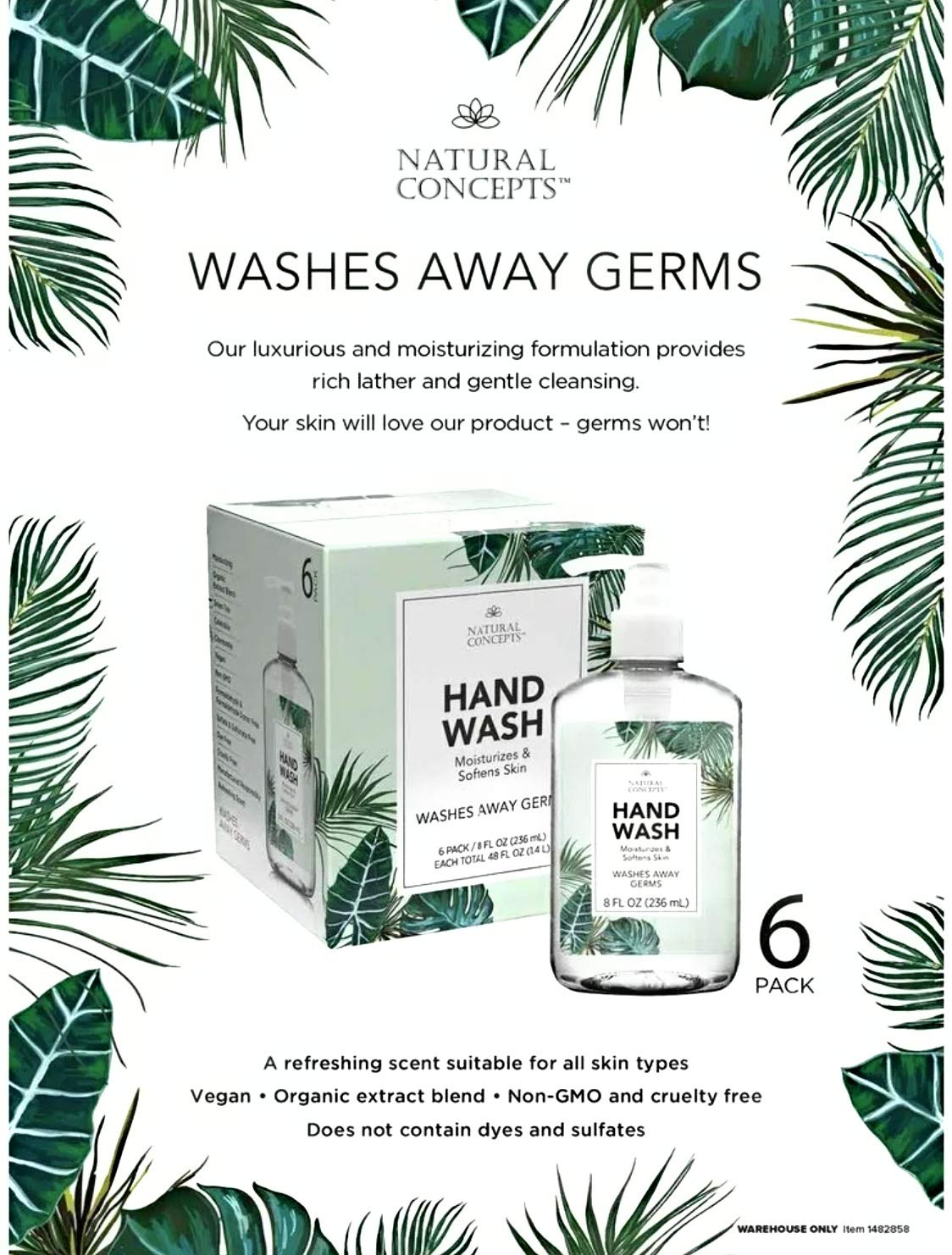 6-Pack Hand Wash Refillable Pump Bottles, 8 oz Each - Gentle on Skin, Perfect for Kitchen, Bathroom & Office Use