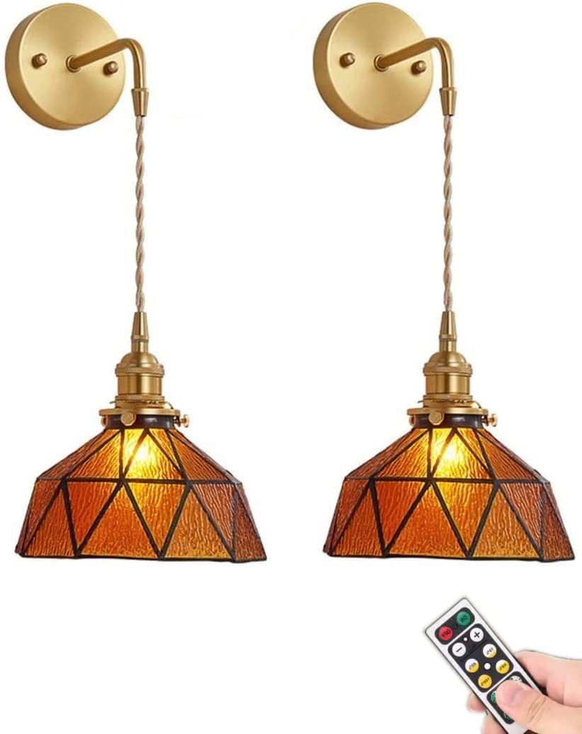 ANUOMY Tiffany Style Wall Sconce Light Set of 2 - Battery Operated LED Wall Lights with Copper Glass Shade, Wireless Hanging Fixture for Bedroom, Living Room, Hallway & Dorm Decor - Easy Installation No Wiring Needed