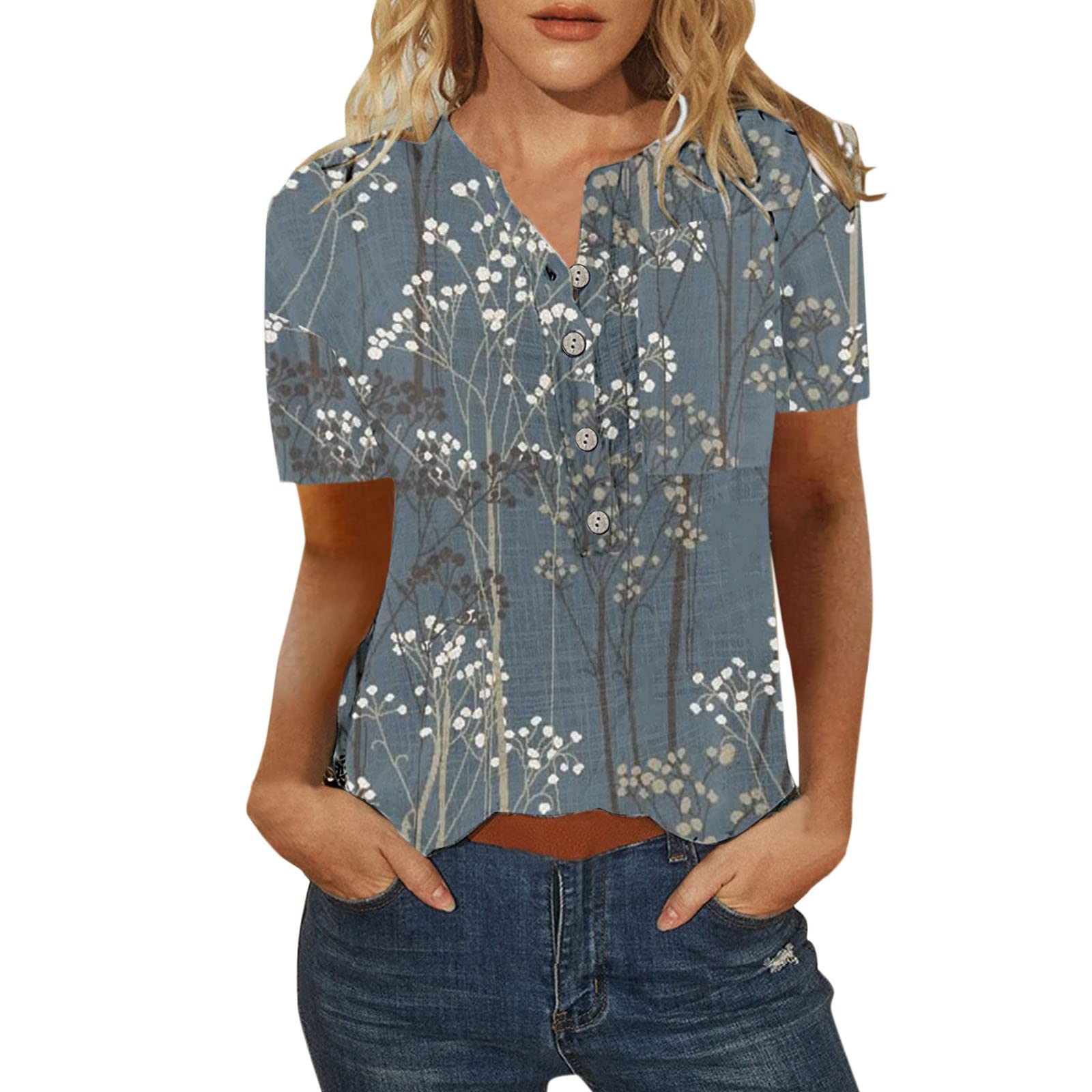 Women's Plus Size White Casual T-Shirt with Floral Feather Print & Button Details - Short Sleeve O-Neck Top for Everyday Wear, Summer Outfits & Casual Occasions