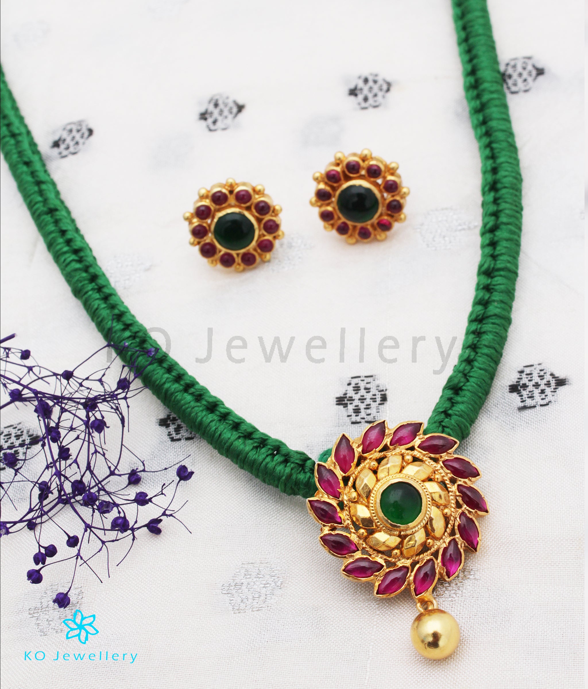 Aamod Silver Kempu Necklace for Women - Green Beaded Traditional Indian Jewelry - Perfect for Weddings, Festivals & Ethnic Outfits