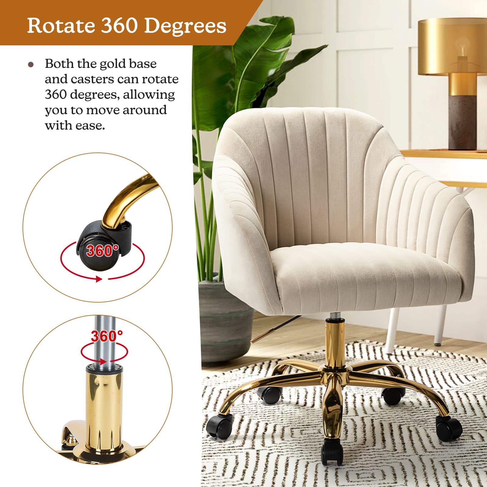 HULALA HOME Velvet Home Office Desk Chair - Modern Cute Computer Task Chair with Wheels, Swivel & Height Adjustable - Upholstered Vanity Chair for Women & Girls (Gold Base, Tan) - Perfect for Home Office, Gaming Setup, Study Room & Makeup Vanity