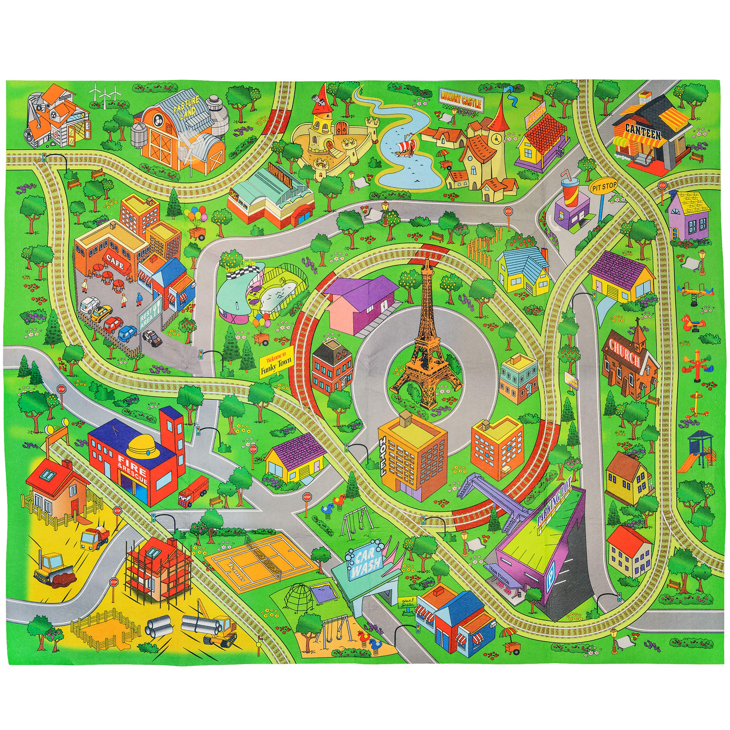 Double Sided Kids Play Mat with Trains, Cars & Roads - Reversible Children's Activity Rug for Indoor Playroom & Nursery - Perfect for City Themed Pretend Play and Learning Activities