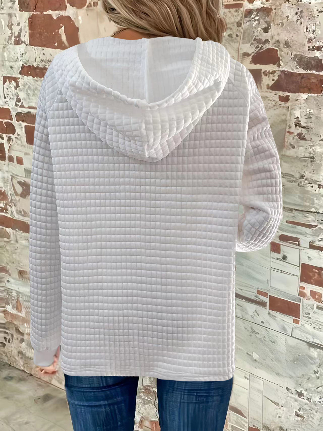 Full Size Textured Button Detail Drawstring Long Sleeve Hoodie for Men & Women - Cozy Casual Wear for Fall Winter Outdoor Activities