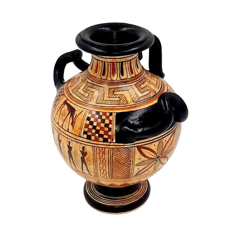 Ancient Greek Geometric Hydria Vase - 16cm Handcrafted Ceramic Pottery with 3 Handles - Perfect for Home Decor, Wedding Centerpieces & Museum-Quality Collectibles