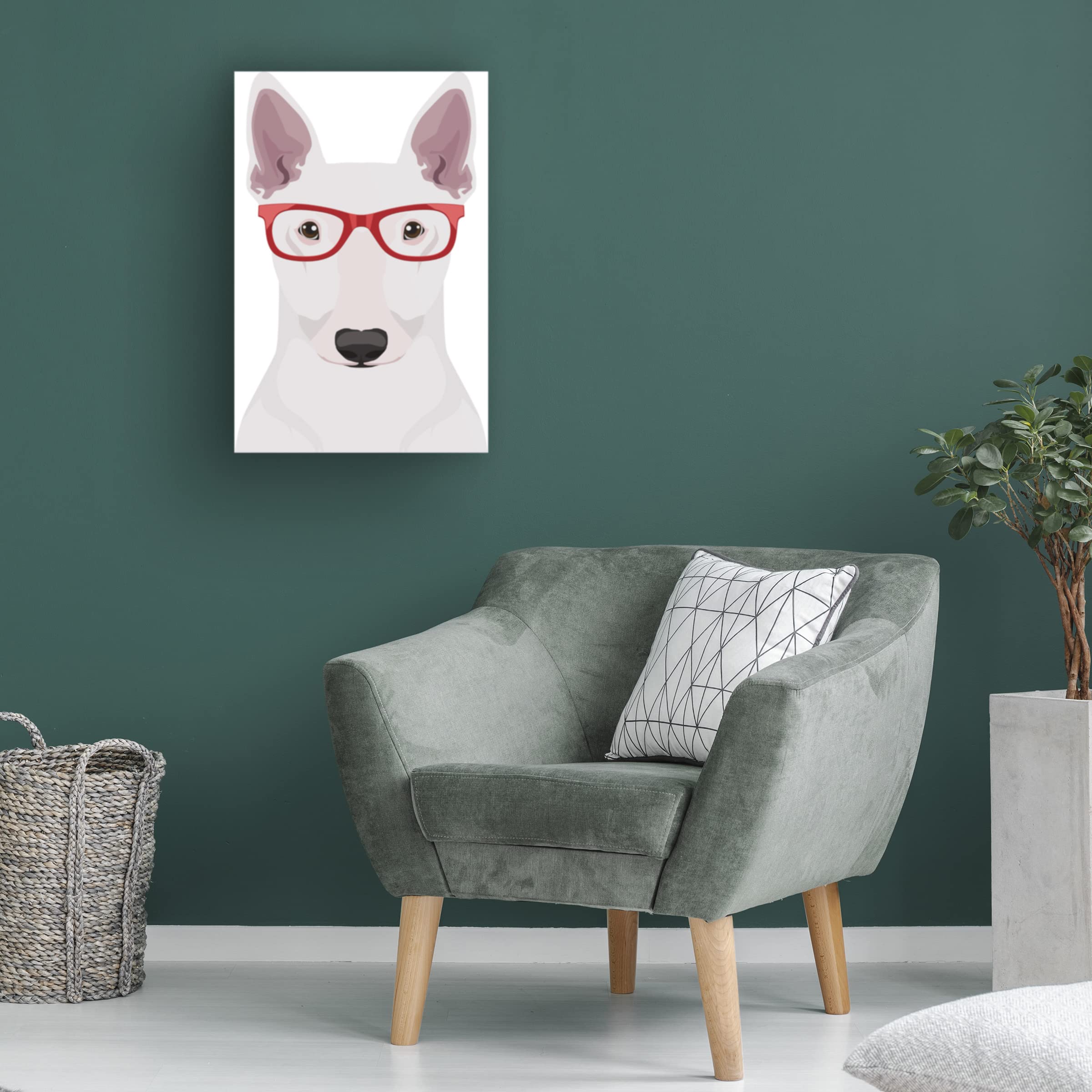 Trademark Fine Art 'Bull Terrier Wearing Hipster Glasses' Canvas Wall Art Print - Modern Pet Portrait Decor for Living Room, Bedroom & Office