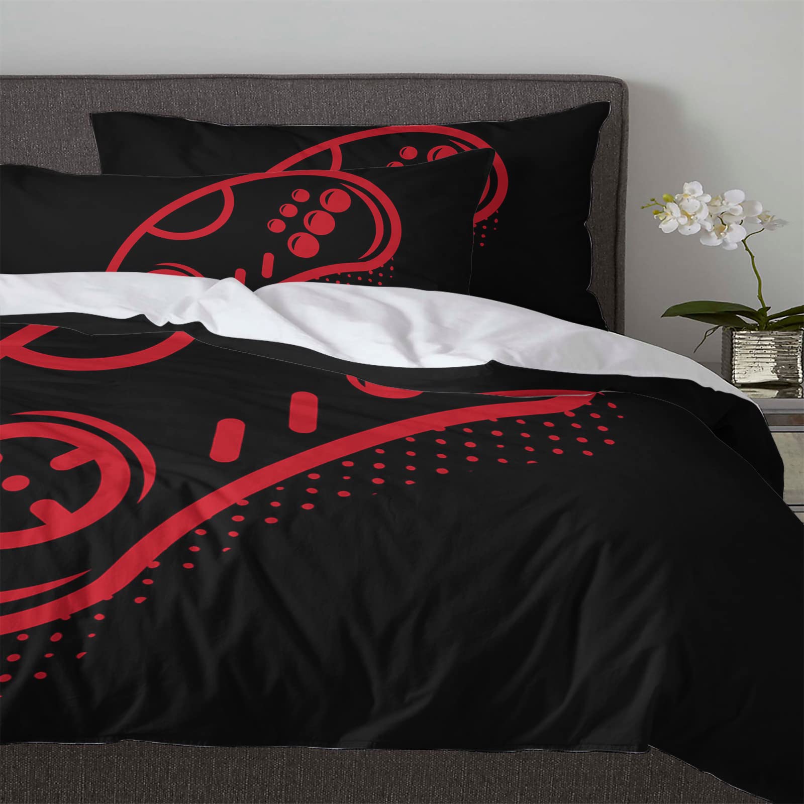 3-Piece Full Bedding Set with Zipper - Soft Microfiber Duvet Cover & Bed Sheets in Red Gaming Design for Boys, Girls & Teens - Perfect for Gaming Rooms, Dorm Decor and Kids Bedrooms