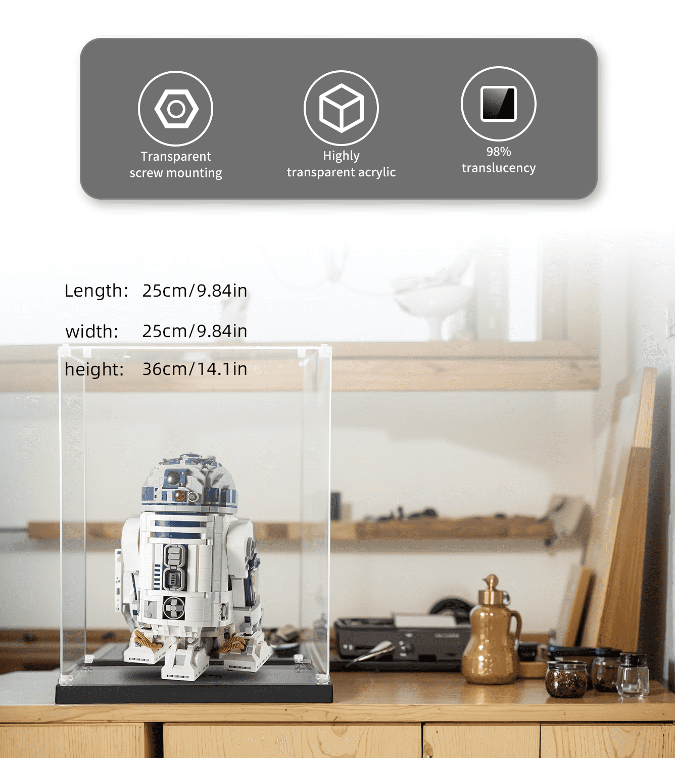 LEGO Star Wars R2-D2 75308 Display Case - Clear Acrylic Showcase for Collectible Building Set - Perfect for Home Office Decor & Gift for Star Wars Fans