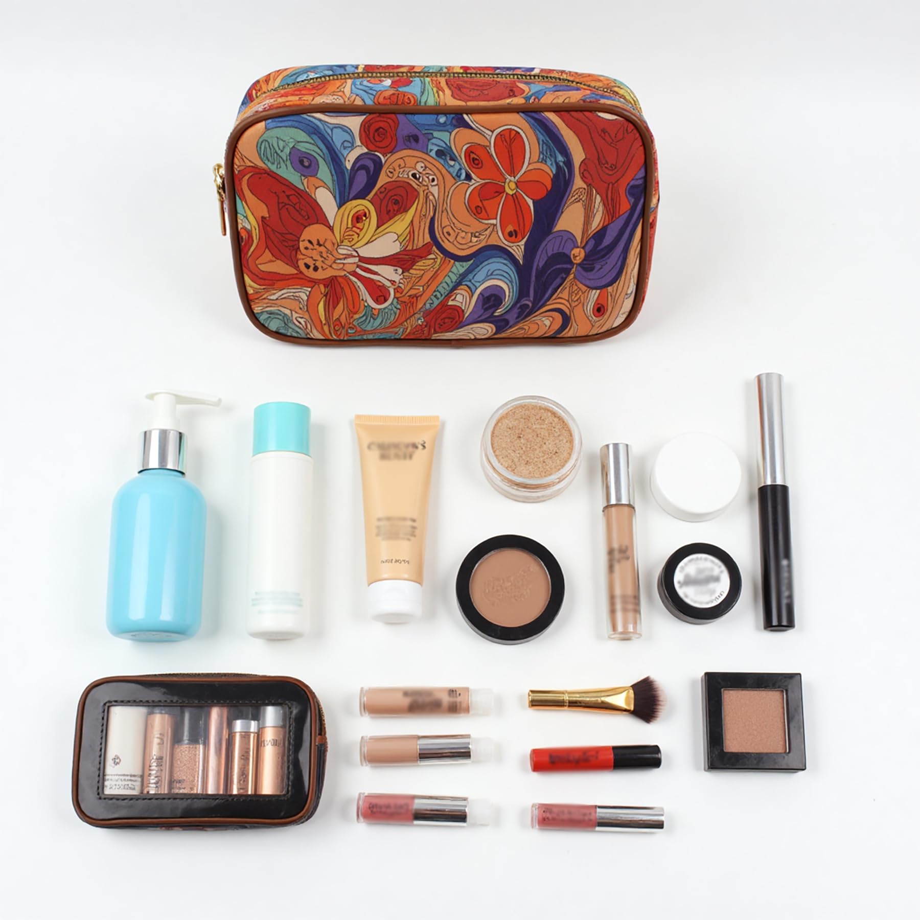 Floral Makeup Bag for Women - Travel Cosmetic Organizer with Personalized Skin Care Pouch - Portable Essentials Bag for Girls (Brown) - Perfect for Travel, Gym & Daily Beauty Routine