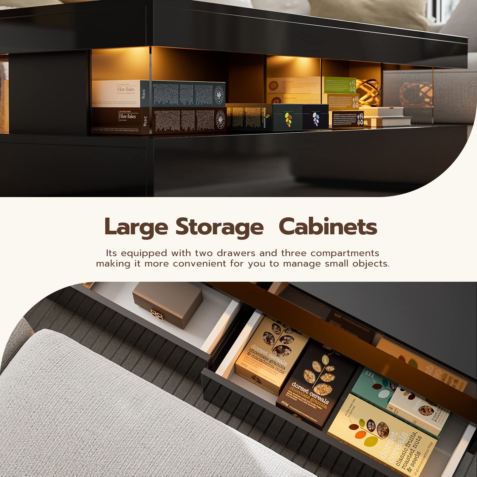 Modern Black Coffee Table with LED Lights & Storage Drawers - Living Room Centerpiece