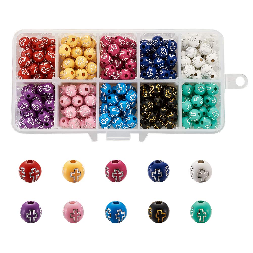 KISSITTY 300pcs 8mm Round Cross Loose Beads - 10 Color Acrylic Spacer Beads for DIY Jewelry Making, Bracelets, Necklaces & Craft Projects