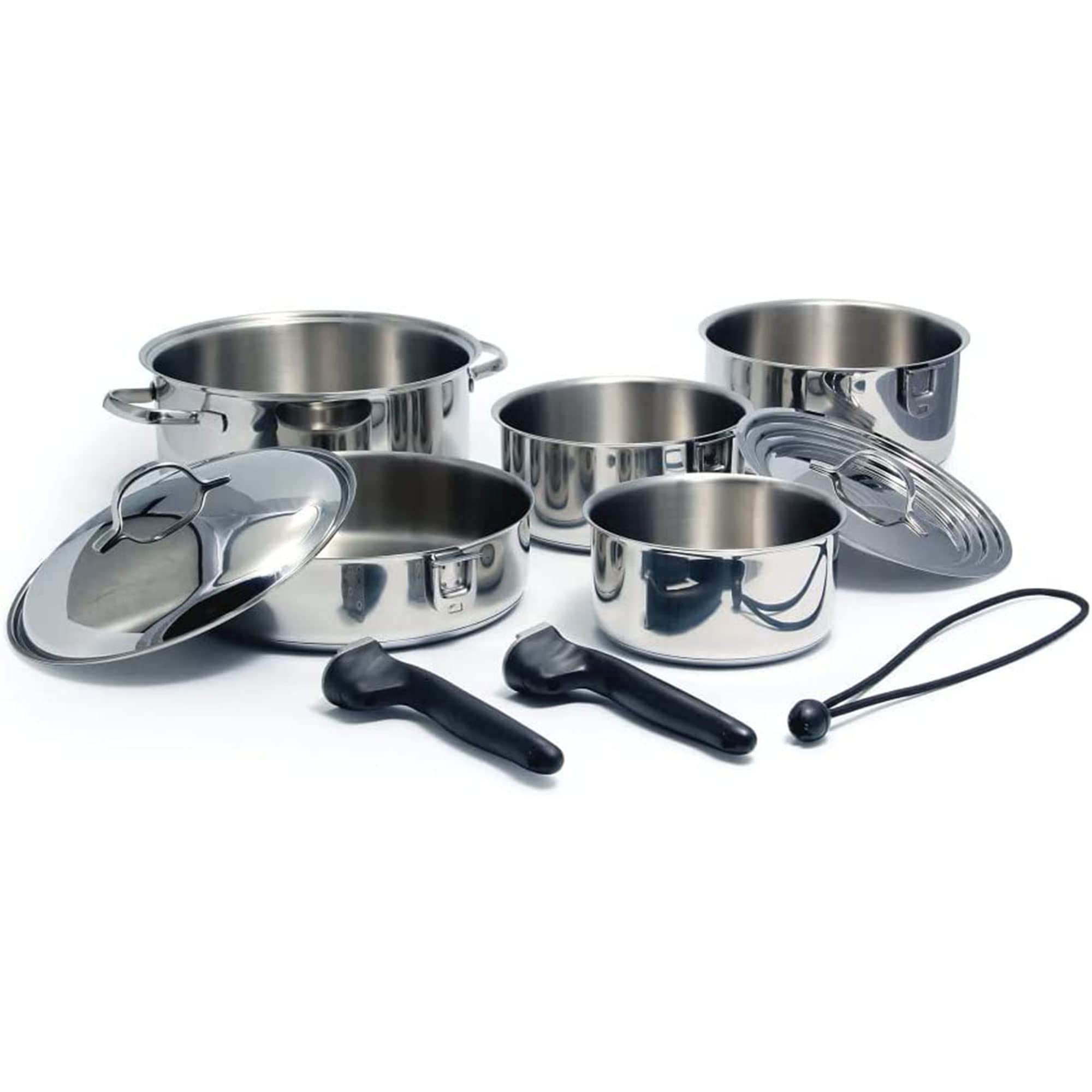 **Camco 10-Piece Stainless Steel Cookware Set with Lids – Nesting Pots & Pans, Detachable Handles & Storage Strap – Perfect for Camping, RV, Boat & Tailgating – Compact & Durable for Outdoor Cooking Adventures**