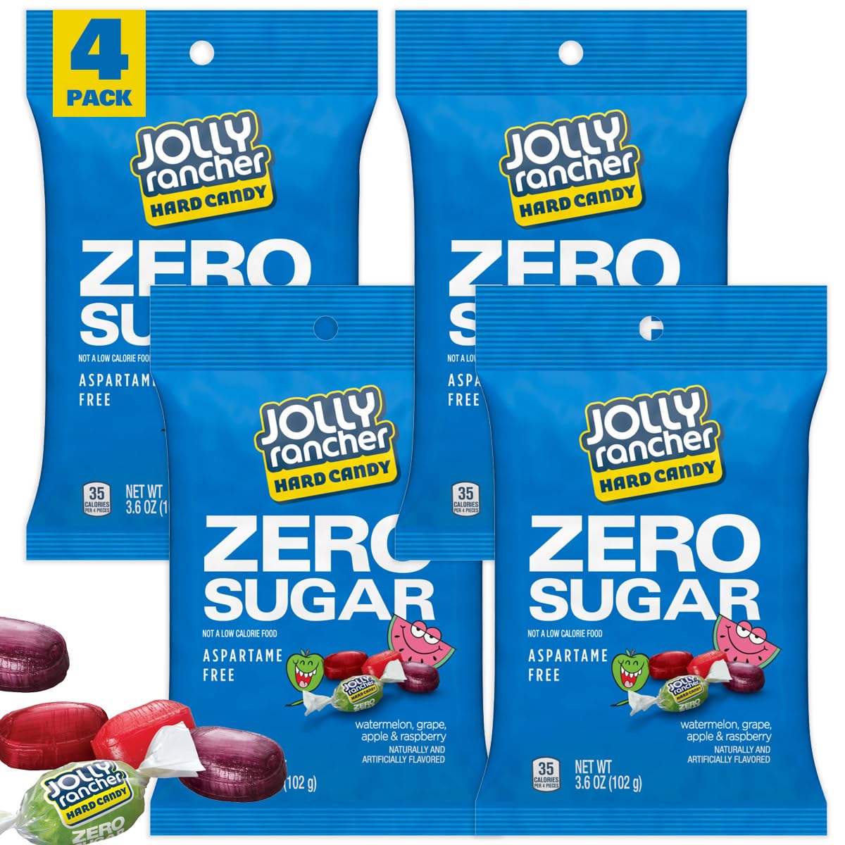 Sugar Free Jolly Ranchers Hard Candy - 4 Pack (3.6oz Bags) | Zero Sugar Individually Wrapped Candies by Hampton Popcorn & Candy Co. | Perfect for Keto Diet, Halloween Treats & Office Snacks