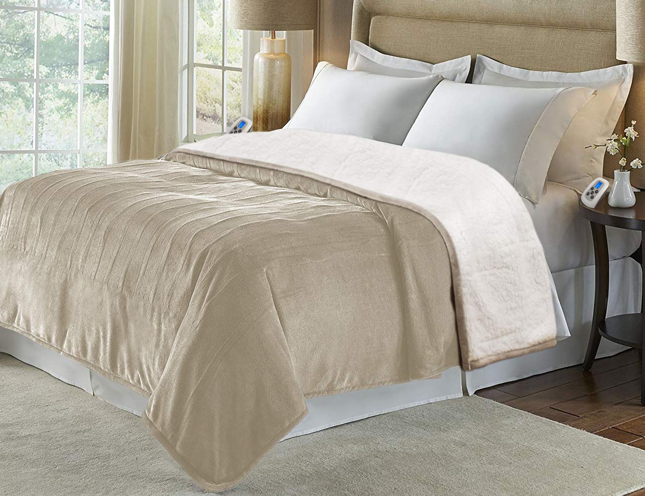 Marquess Electric Heated Blanket King Size - Flannel Sherpa Washable & Comfortable with 10 Heat Settings, Dual Temperature Control, 10-Hour Auto-Off - Perfect for Winter Nights, Bedroom, Living Room, and Office Use (Linen)
