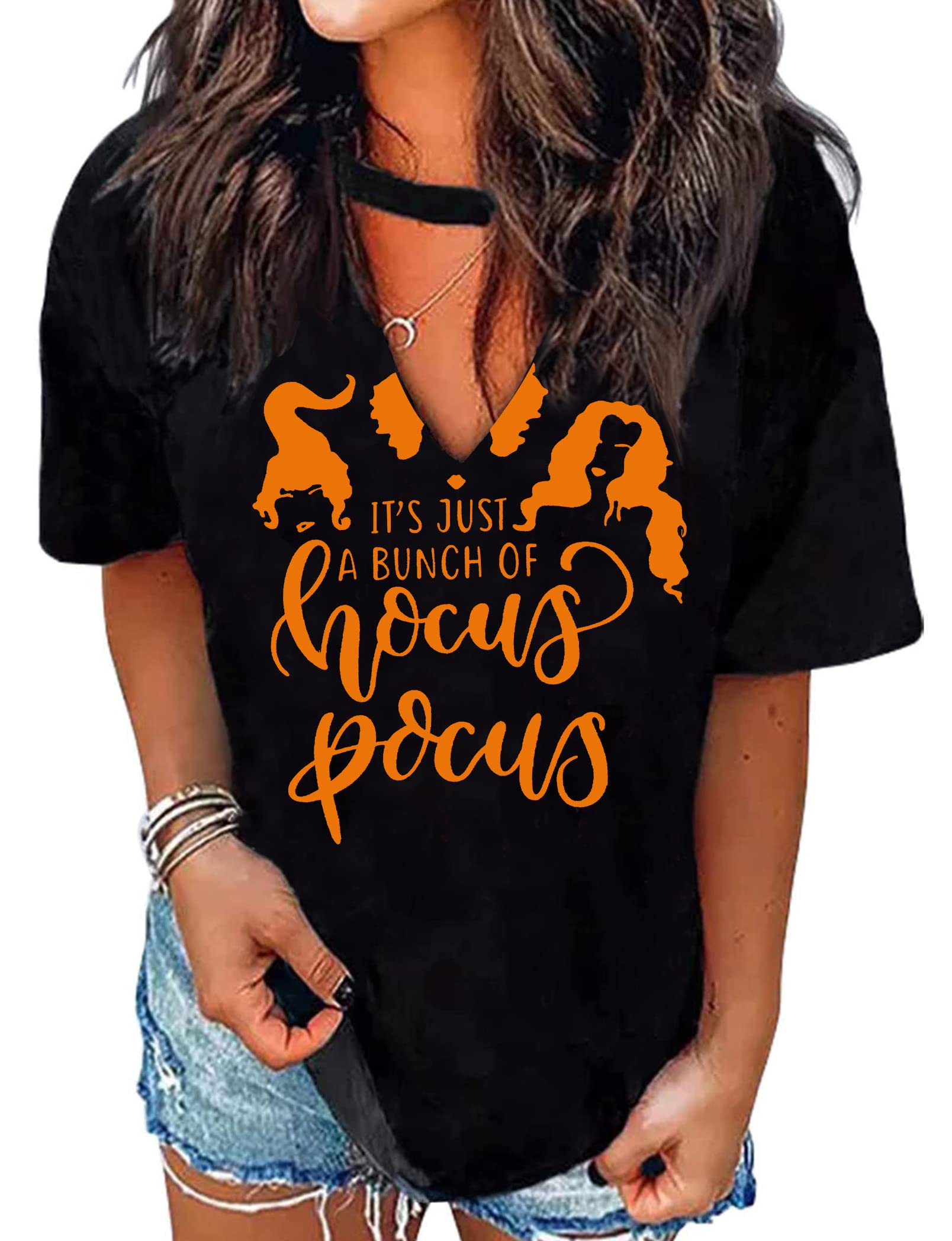 MAIHUN Halloween T-Shirt for Women - Hocus Pocus Inspired Sanderson Sisters Horror Movie Tee - Scary Squad Graphic Top for Halloween Parties & Horror Movie Nights
