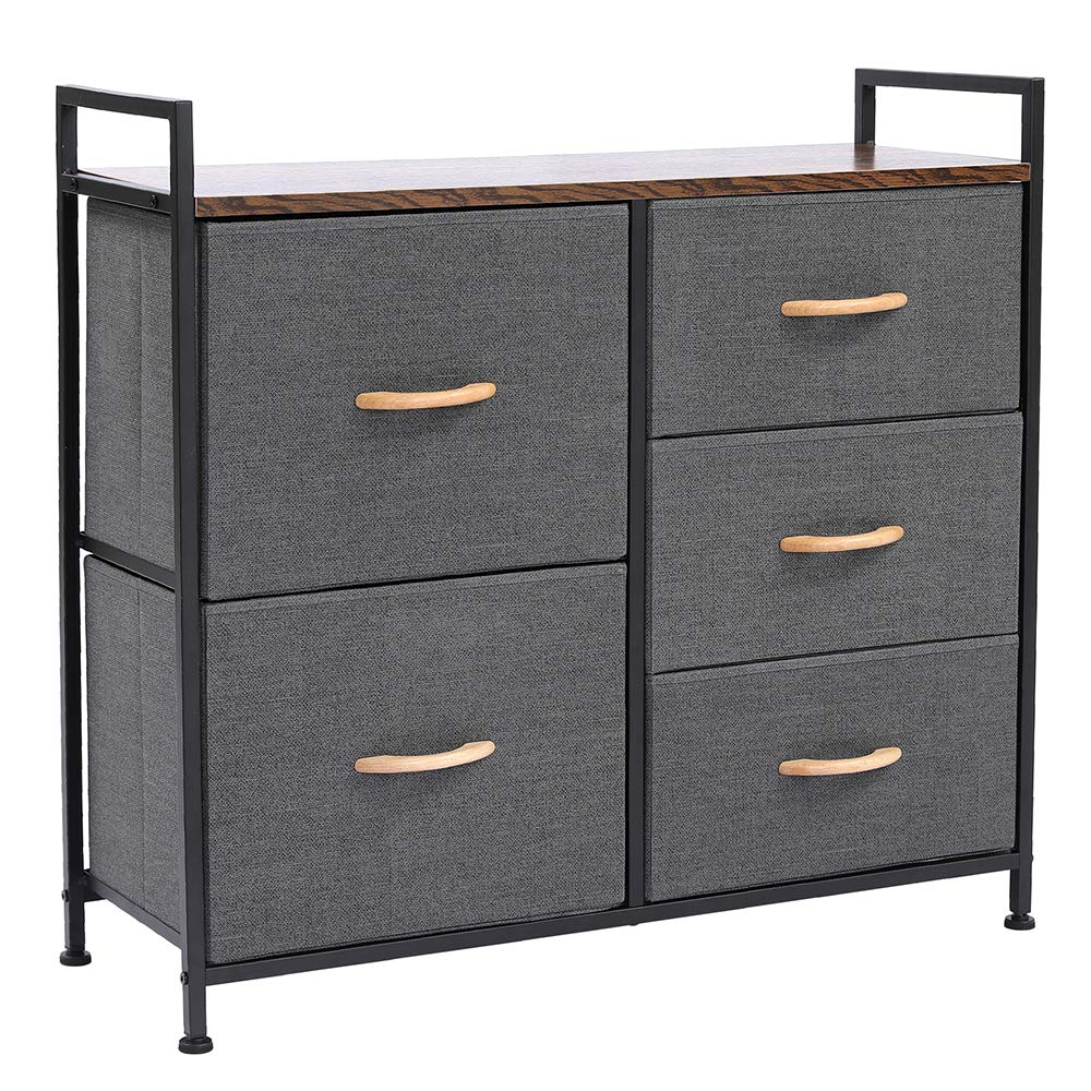 Ochine 5-Drawer Dresser Tower with 2 Fabric Storage Bins - Rustic Bedroom Chest, Nightstand & Closet Organizer for Home, Office & Hallway Storage Solutions | Perfect for Small Spaces, Dorm Rooms & Apartment Living