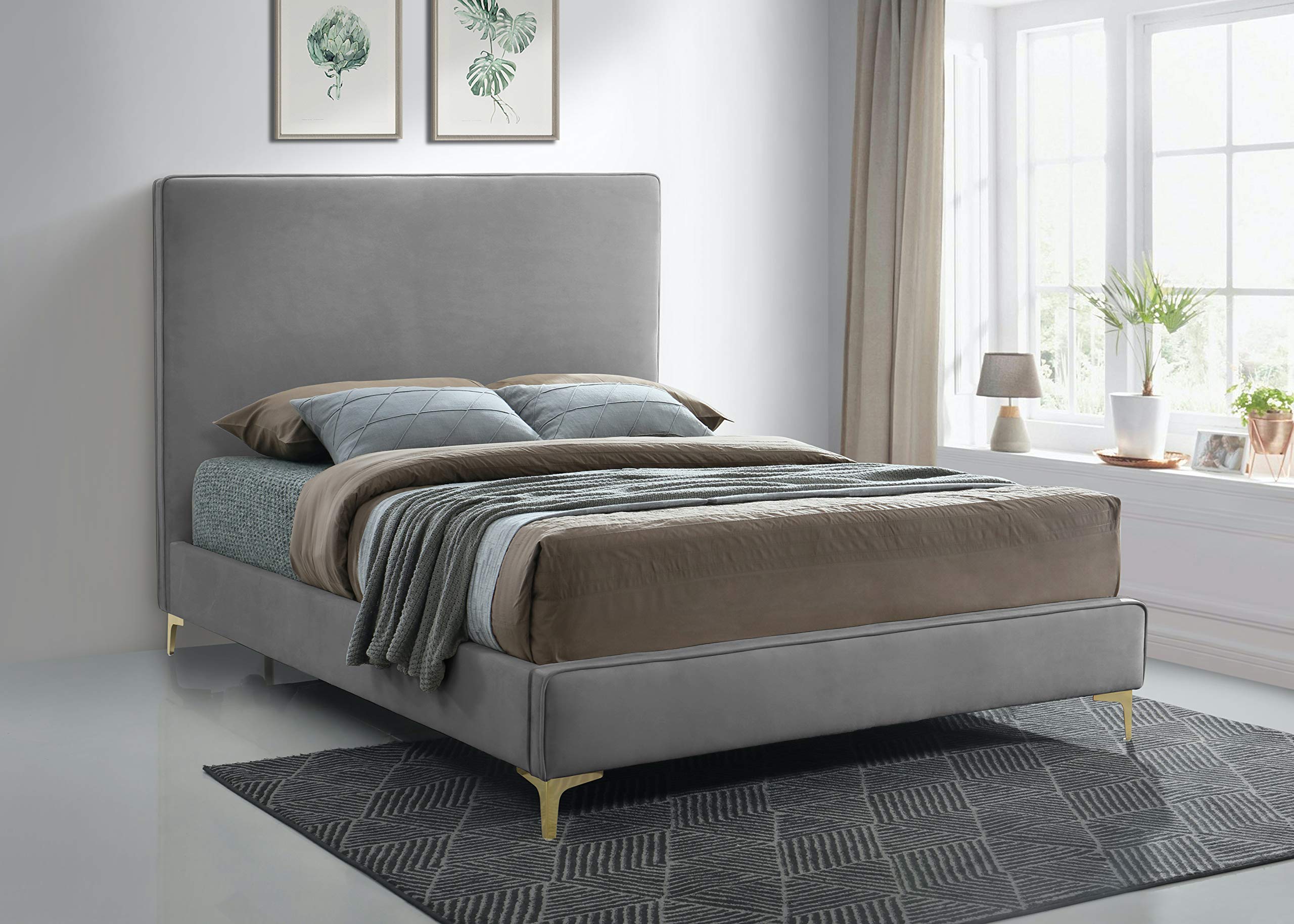 Modern Velvet Upholstered Bed with Gold/Chrome Finish - Full Size Grey Platform Bed with Tufted Headboard | Contemporary Bedroom Furniture for Master Bedroom, Guest Room & Apartment