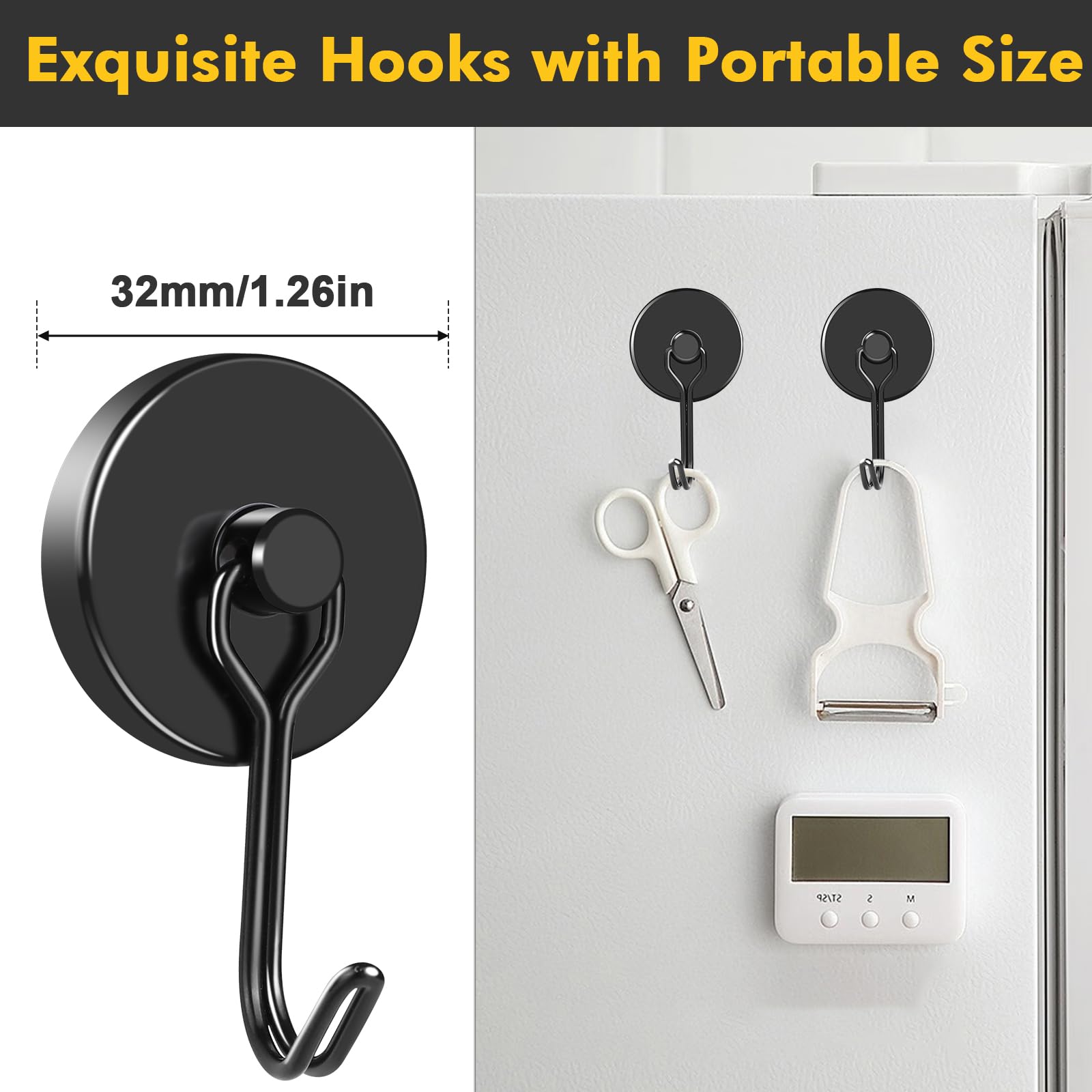 MIKEDE 110LB Heavy Duty Neodymium Magnetic Hooks - 6 Pack Strong Swivel Rustproof Black Magnet Hooks for Fridge, Garage, Cruise, Indoor & Outdoor Hanging - Perfect for Organizing Kitchen, Workshop, RV and Metal Surfaces