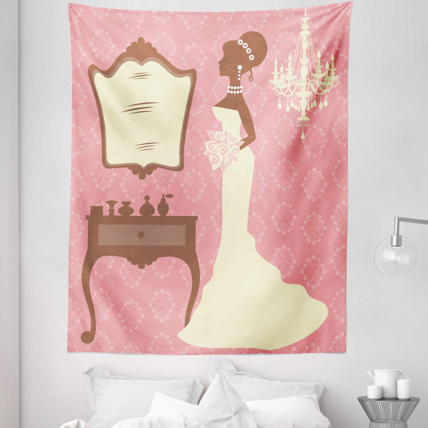 Ambesonne Bridal Shower Tapestry - Twin Size Wedding Dress Floral Vanity Swirl Backdrop Wall Hanging (68x88 Inches) - Coral Brown & White Decor for Bedroom, Party, Photo Booth & Wedding Celebration