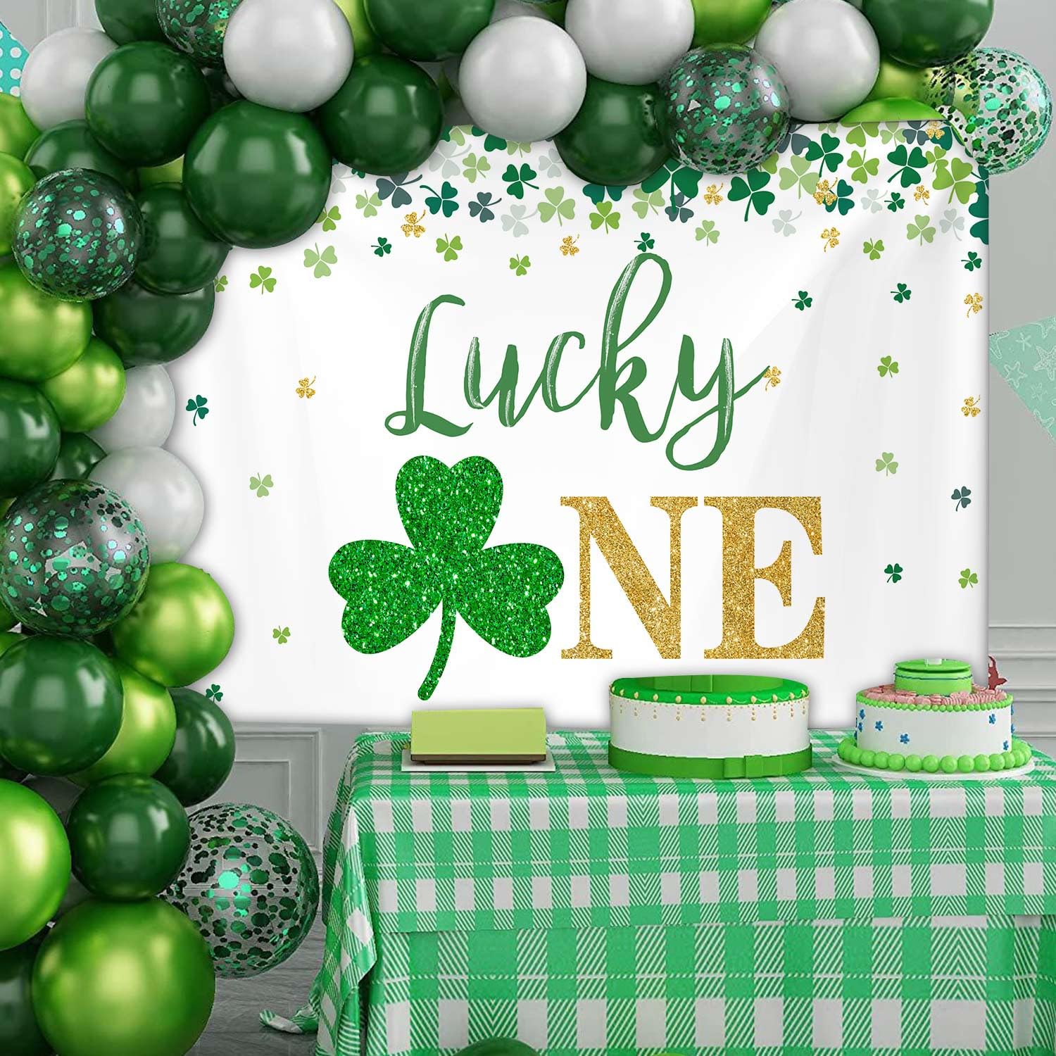 MEHOFOND 7x5ft St. Patrick's Day Happy First Birthday Party Backdrop - Green & Gold Shamrock Irish Decorations for Photography, Cake Smash, Baby Shower & Spring March Celebrations - Lucky One Banner Photo Background Props