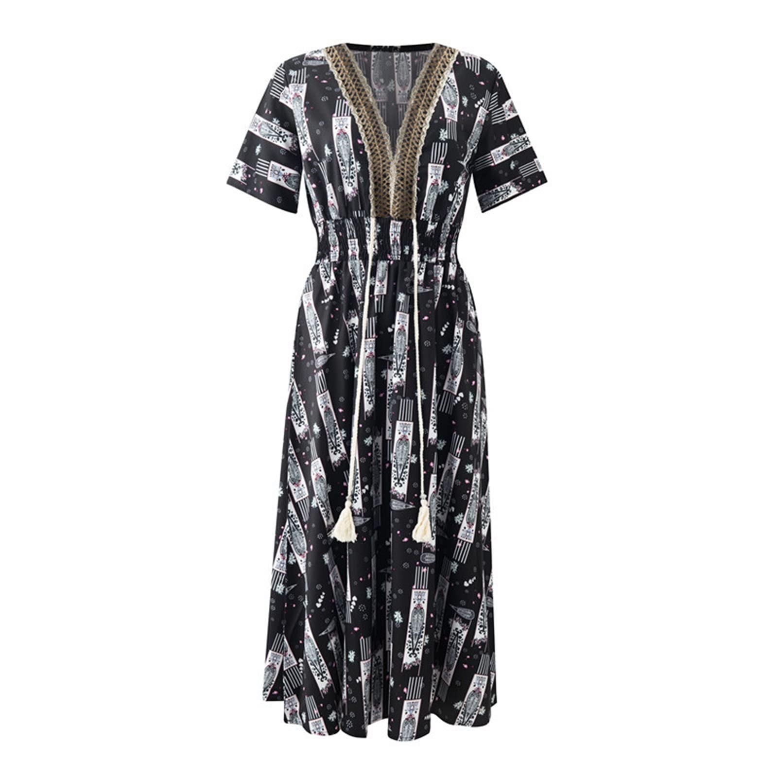 Women's V-Neck Paisley Print Waist-Tight Short Sleeve Long Dress - Summer Streetwear Fashion for Casual Outings & Beach Vacations