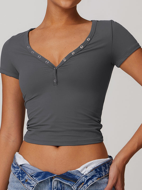 ZASUWA Women's V-Neck Quick Dry Button-Up Yoga Top - Short Sleeve Workout Shirt for Yoga, Gym & Running | Moisture Wicking & Comfortable Activewear