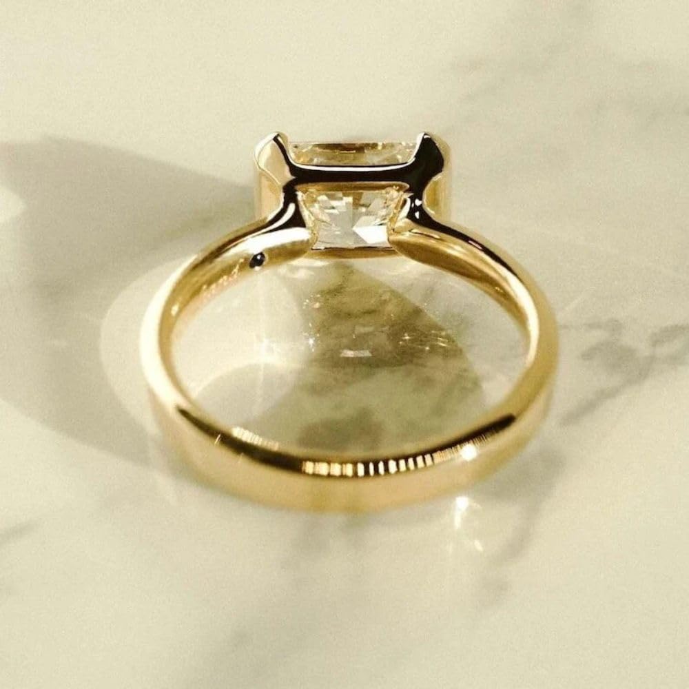 2.50 Ct Radiant Cut East West Diamond Solitaire Promise Ring - 14K Yellow Gold Plated 925 Sterling Silver - Elegant Half Bezel Set Engagement Ring - Handmade Jewelry for Proposal, Anniversary & Special Occasions