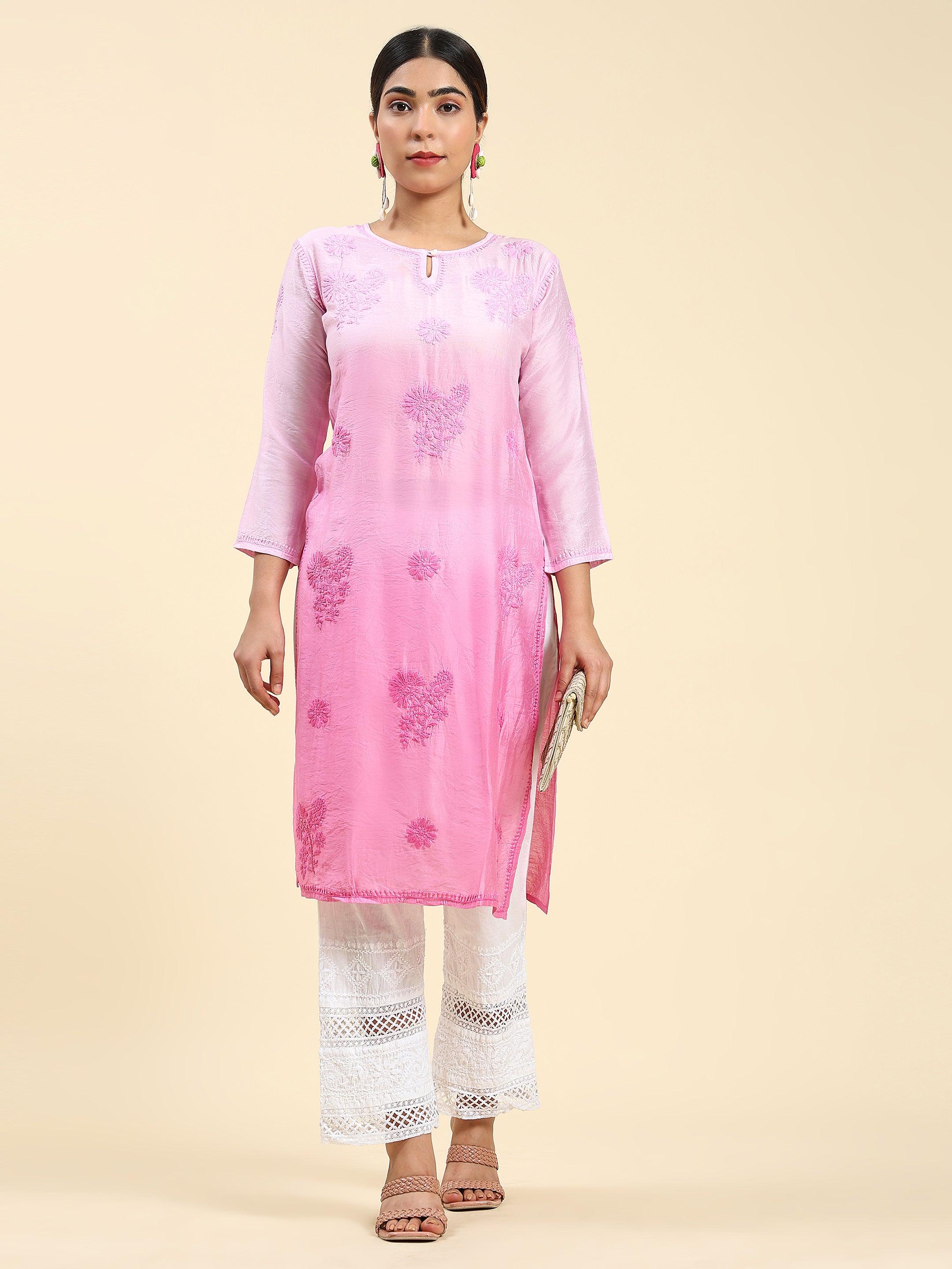 Fizaa Chikankari Long Kurta for Women - Elegant Notch Neck Design in Premium Chanderi Silk, Rani Pink | Perfect for Festivals, Weddings & Special Occasions