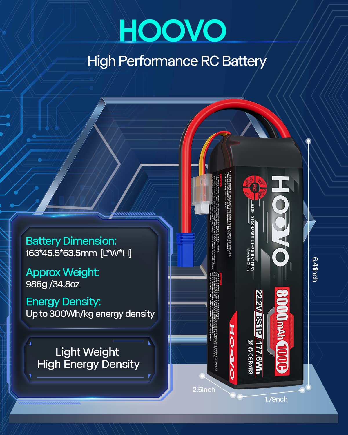 HOOVO 6S 22.2V 8000mAh 100C Lipo Battery with EC5 Plug - 2 Pack High Performance RC Battery for Traxxas UDR, RC Cars, Boats, Buggies, Trucks & Tanks - Perfect for Racing, Off-Road & Hobby Enthusiasts