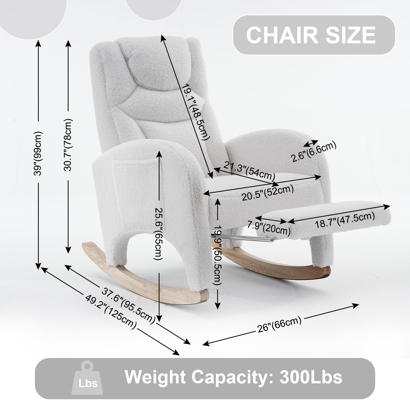 Comfy Ivory Teddy Fabric Nursery Rocking Chair with Adjustable Footrest & High Backrest - Glider Rocker for Baby Nursery, Bedroom & Living Room - Perfect for Nursing, Reading & Relaxing