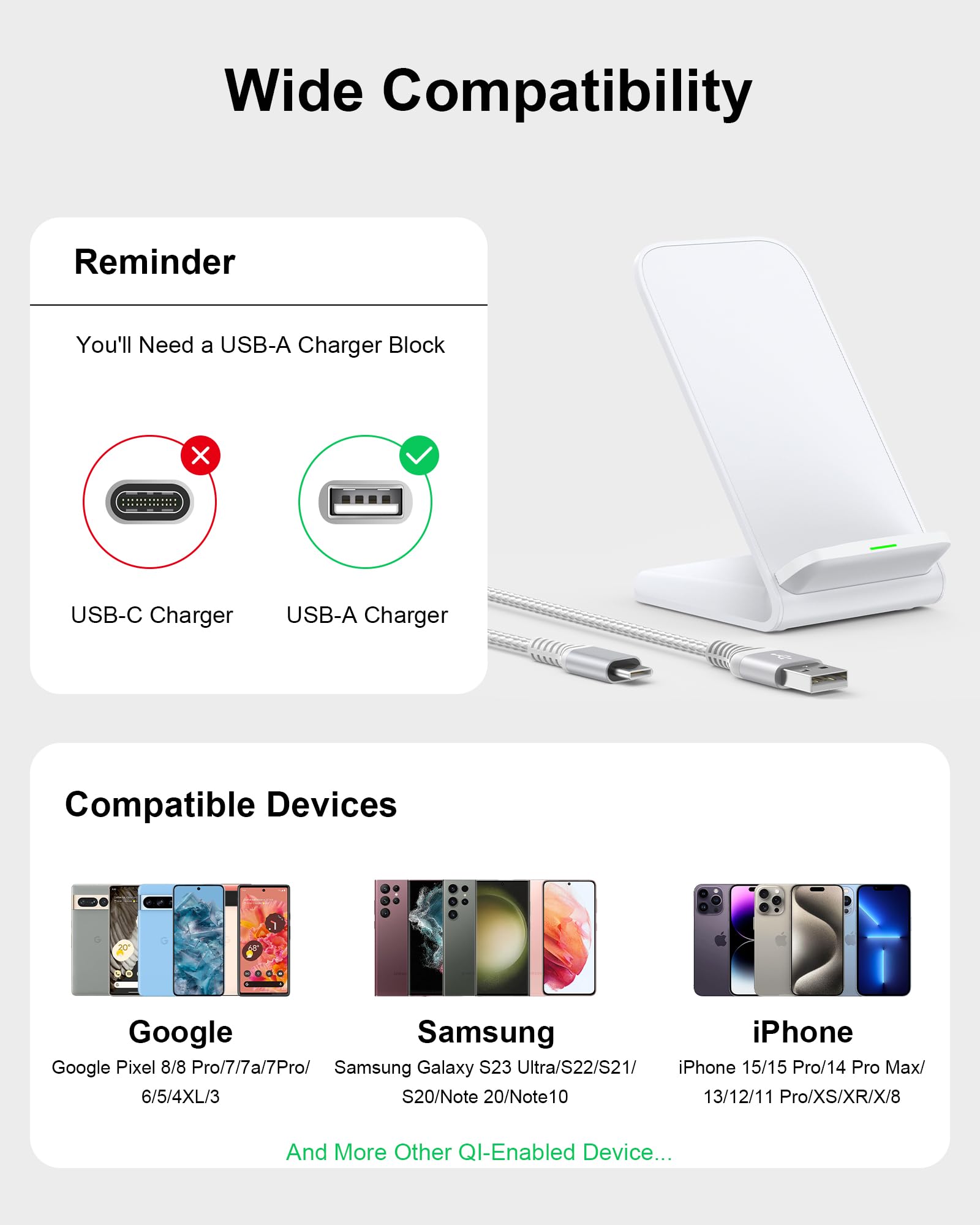 Fast 15W Max Samsung Wireless Charger Stand - QI Certified Phone Charging Dock for Galaxy S24/S23/S22/S21/S9/Z Fold6/Flip6/Note20 & iPhone 16/15 Pro Max/14/13 - Perfect for Office Desk, Nightstand, and Travel Use