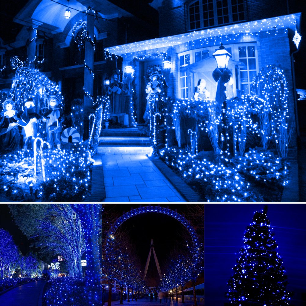 XUNATA 40ft Solar Christmas Lights - 100 LED Solar Powered Fairy String Lights with 2 Modes, Waterproof Outdoor Decoration for Garden, Home, Wedding & Holiday Parties (Blue) - Perfect for Patio, Backyard, Fence & Christmas Tree Decorating