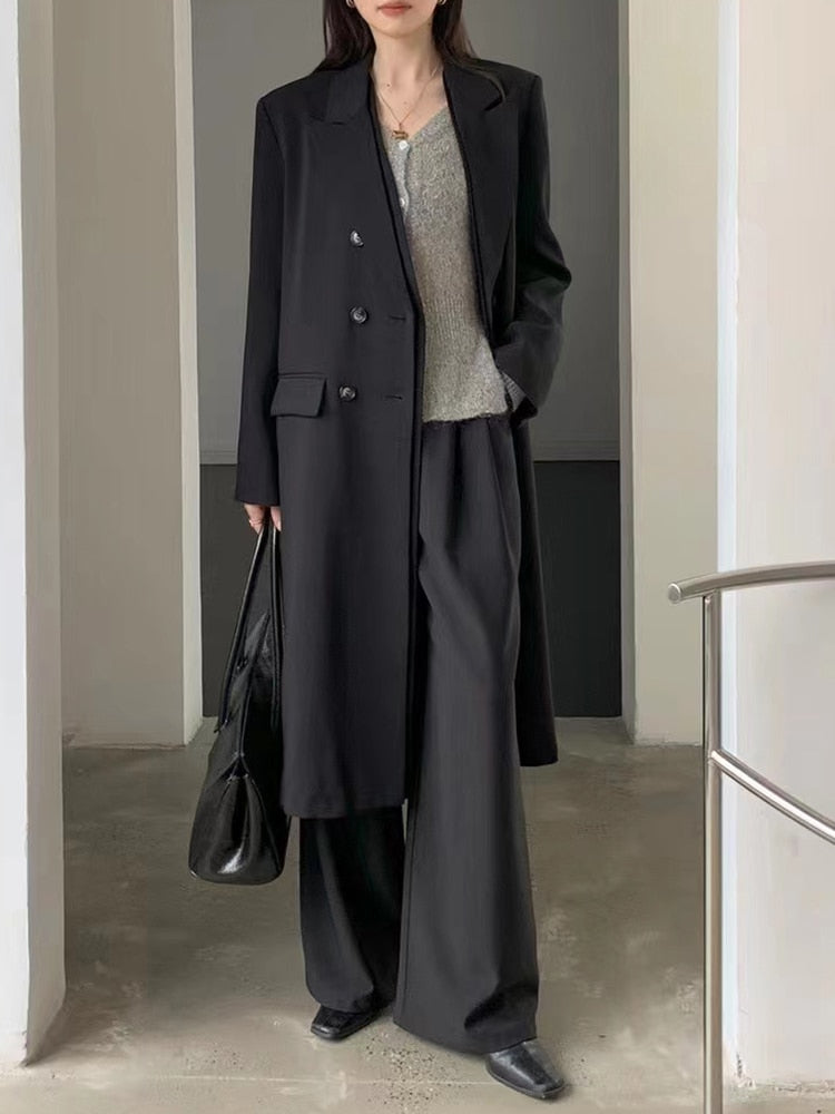 Elegant Black Trench Coat for Women - Double Breasted Lapel Long Sleeve Minimalist Coat | Korean Fashion Style | Perfect for Office, Dating & Fall Outerwear