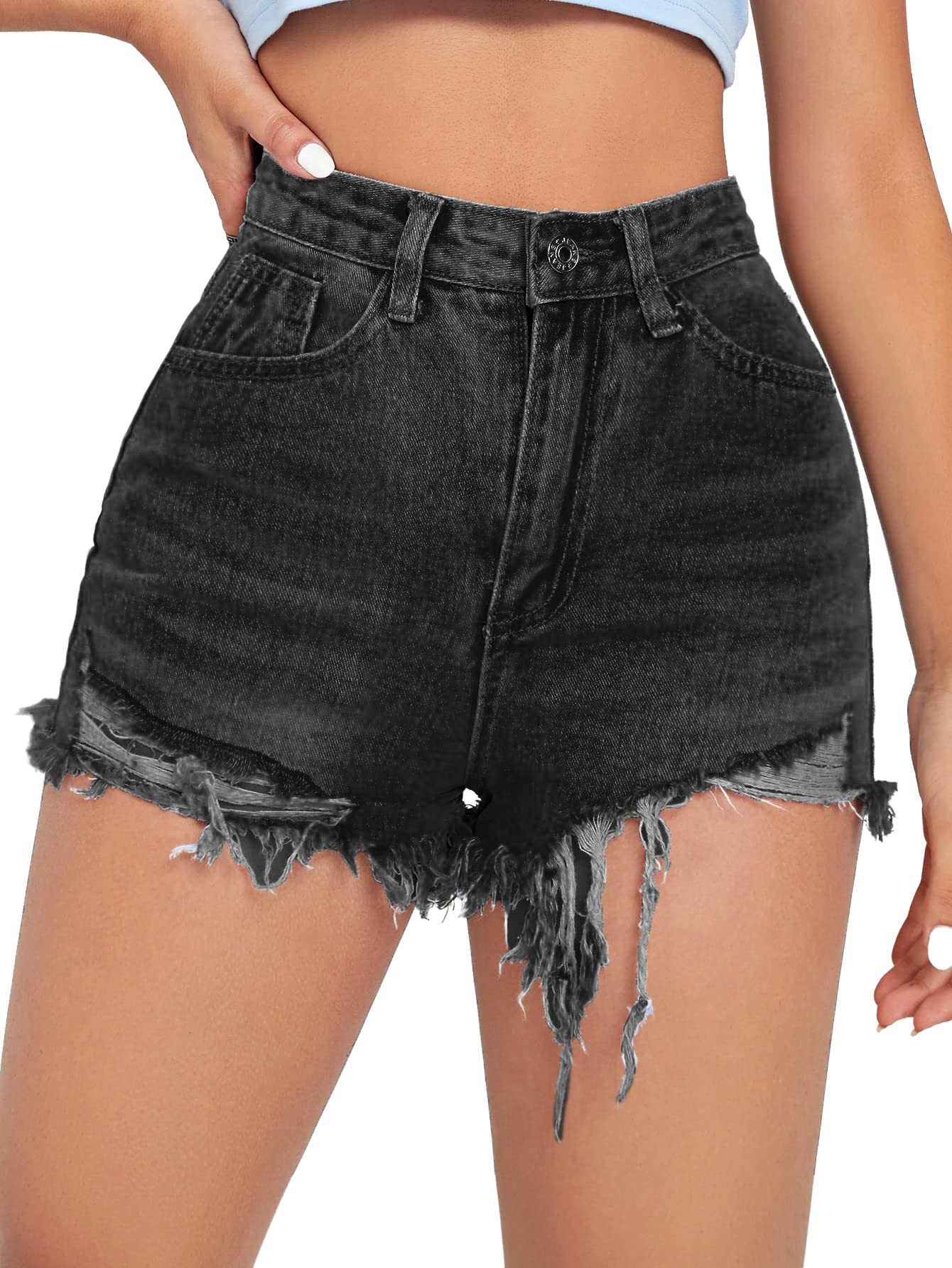 SweatyRocks Women's High Waist Ripped Denim Shorts - Raw Hem Distressed Jean Shorts with Pockets | Casual Summer Hot Pants for Streetwear, Beach & Vacation Outfits