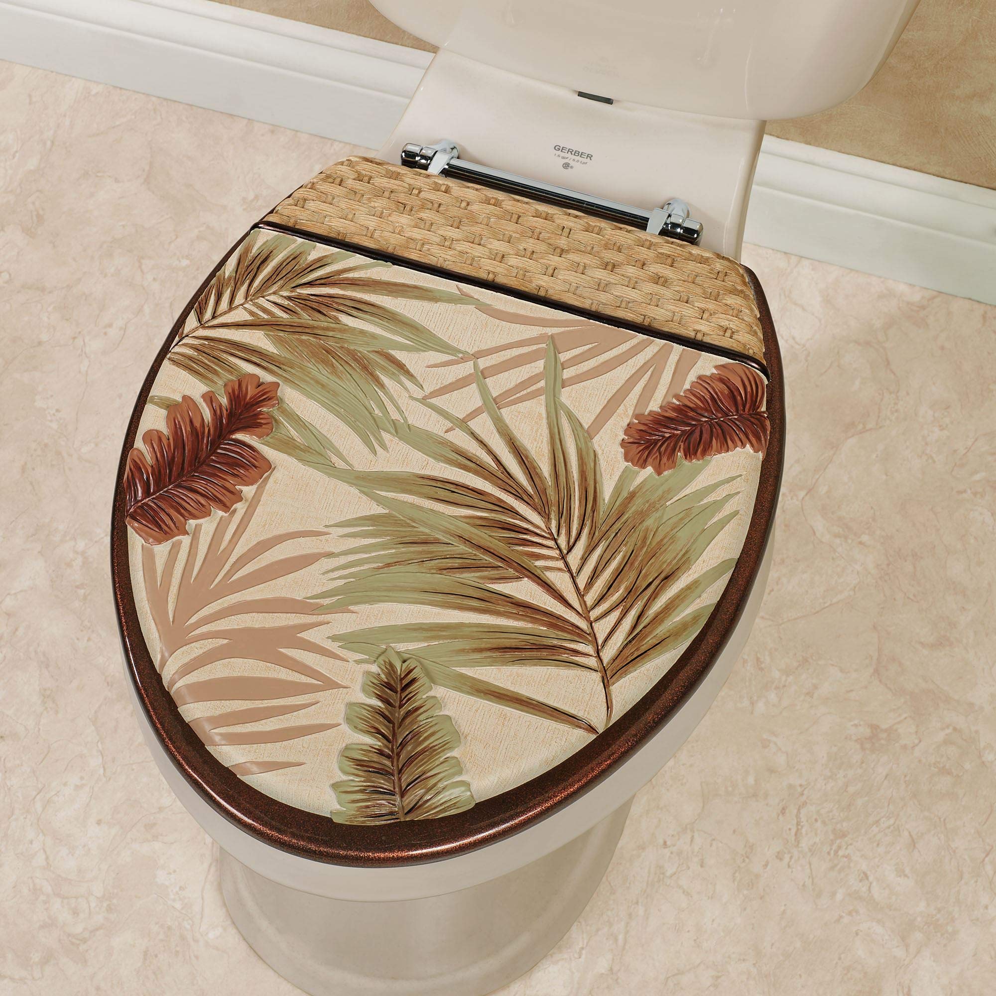 Touch of Class Key West Elongated Toilet Seat with Warm Tropical Style - Hand-Painted Rust-Resistant Metal Hinges & Dimensional Leaves Design - Coastal Bathroom Decor for Beach House or Island-Themed Home