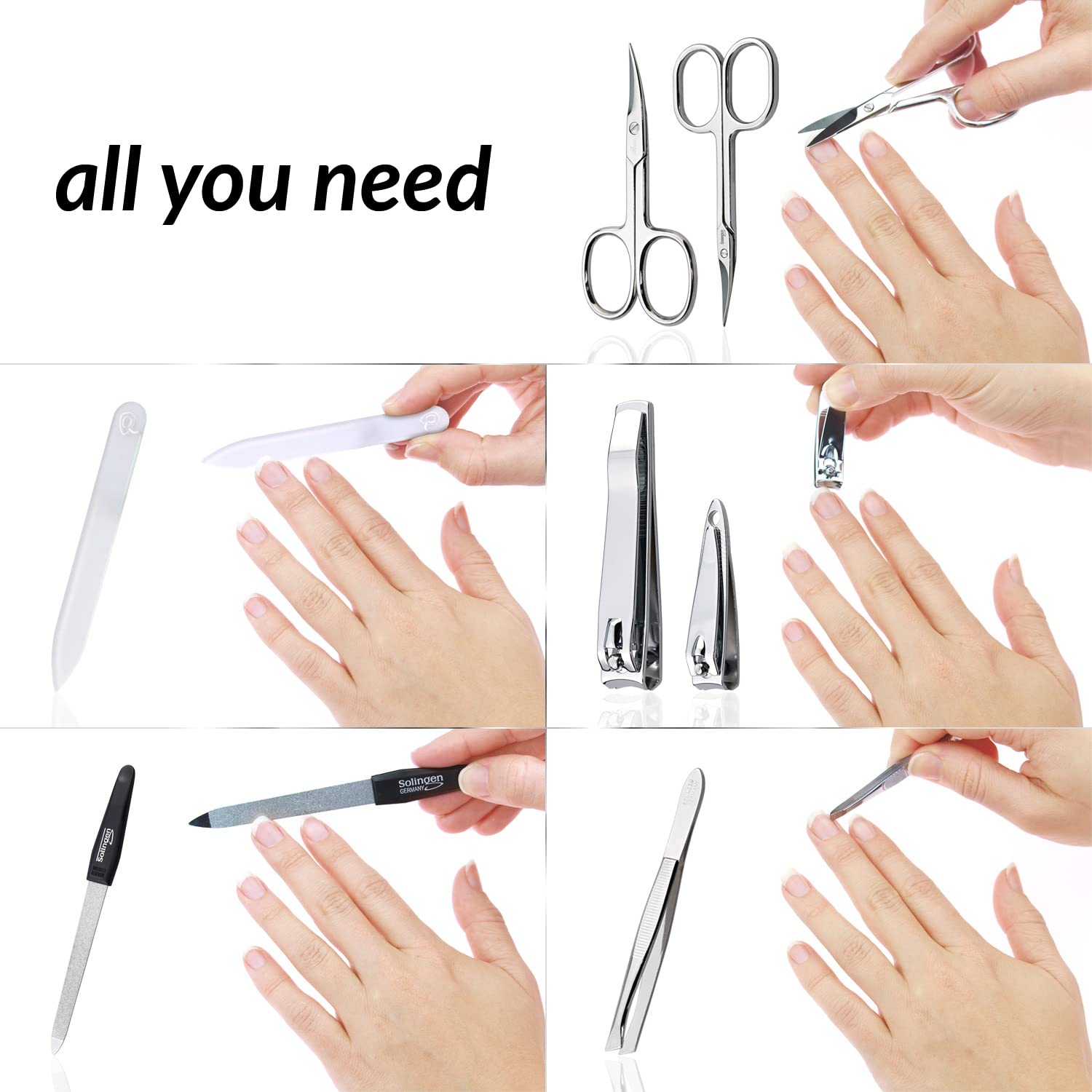 Premium Solingen Germany Manicure & Pedicure Set for Women & Men - Professional Nail Care Kit with Glass Nail File, Clippers & Grooming Tools - Perfect for Home Spa, Travel & Gift Giving